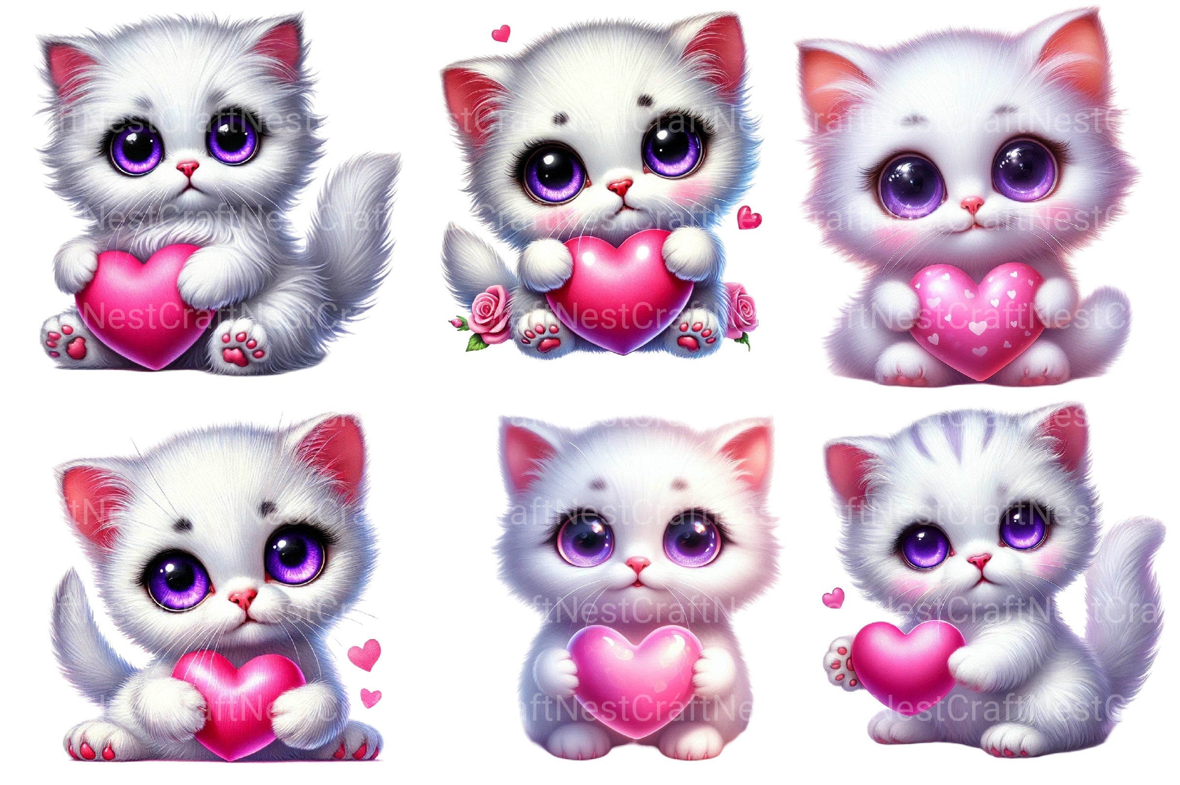 Valentine White Cat Clipart Bundle