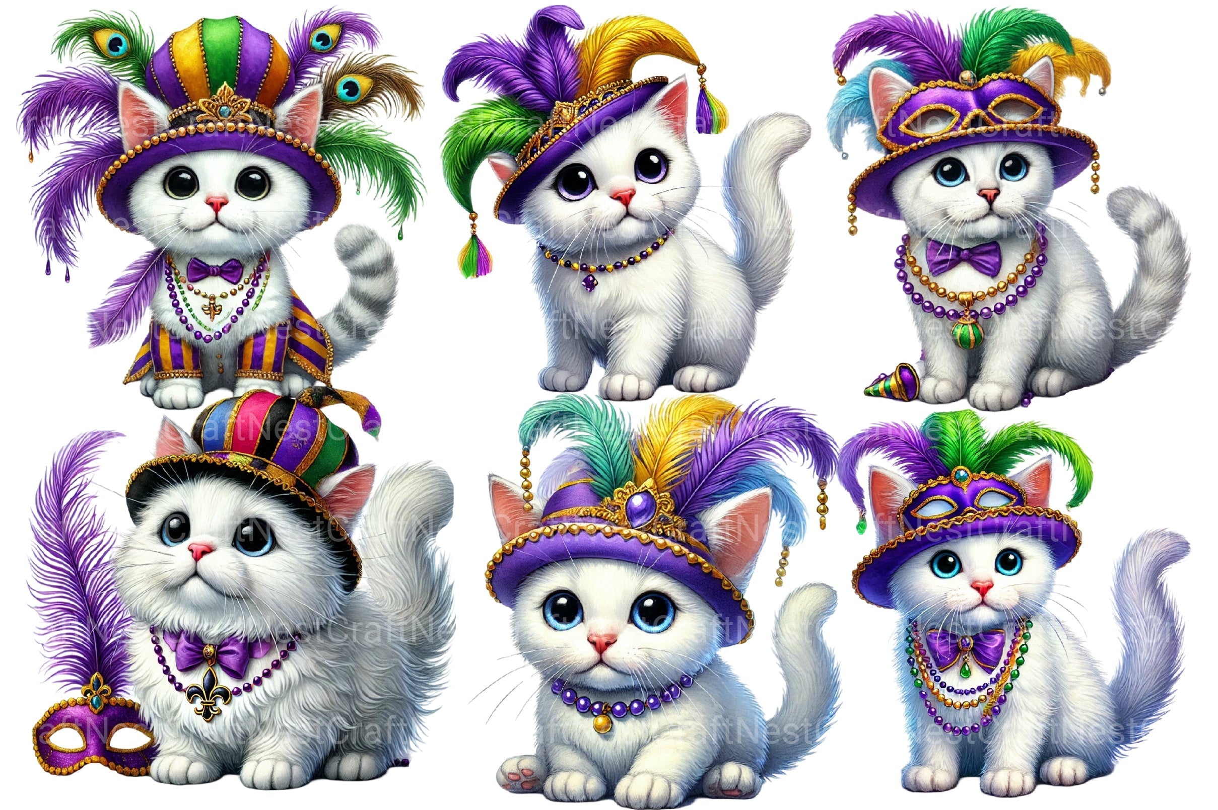 Mardi Gras White Cat Clipart Bundle