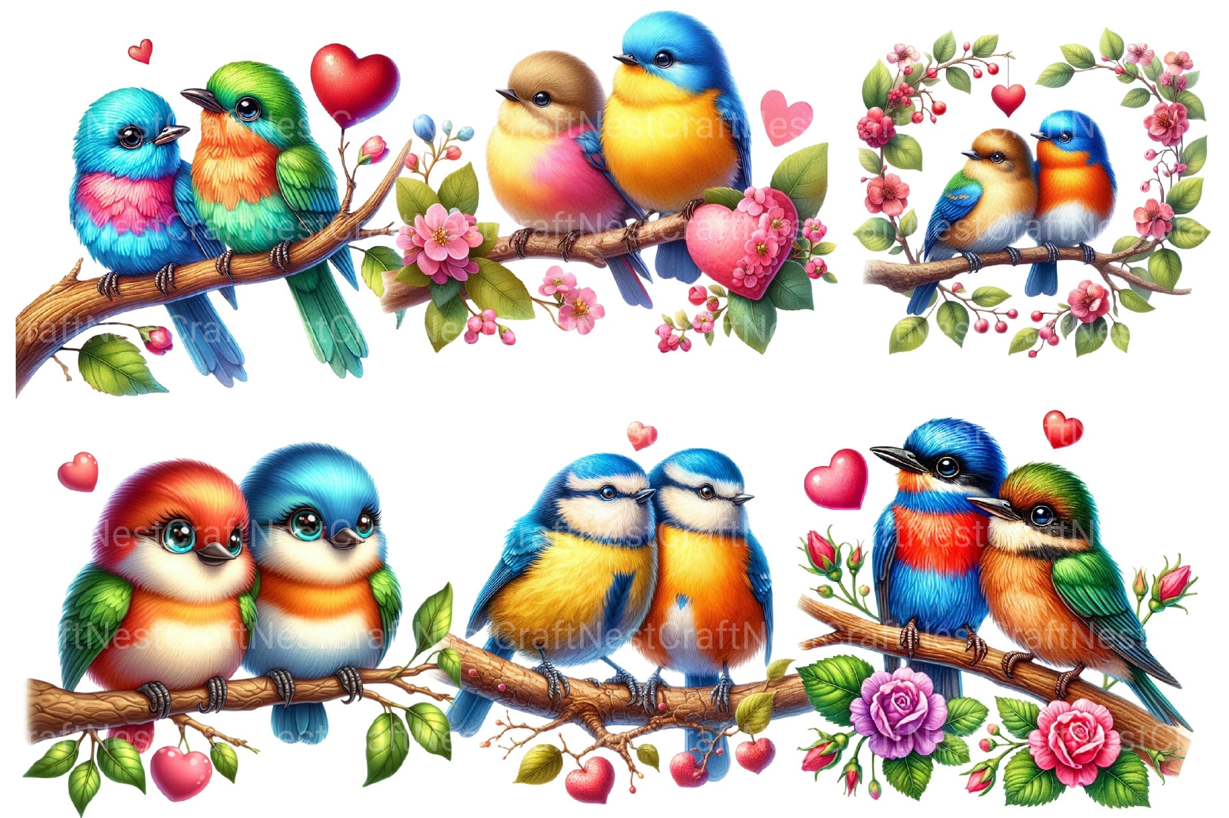Valentine Colorful Birds Clipart Bundle