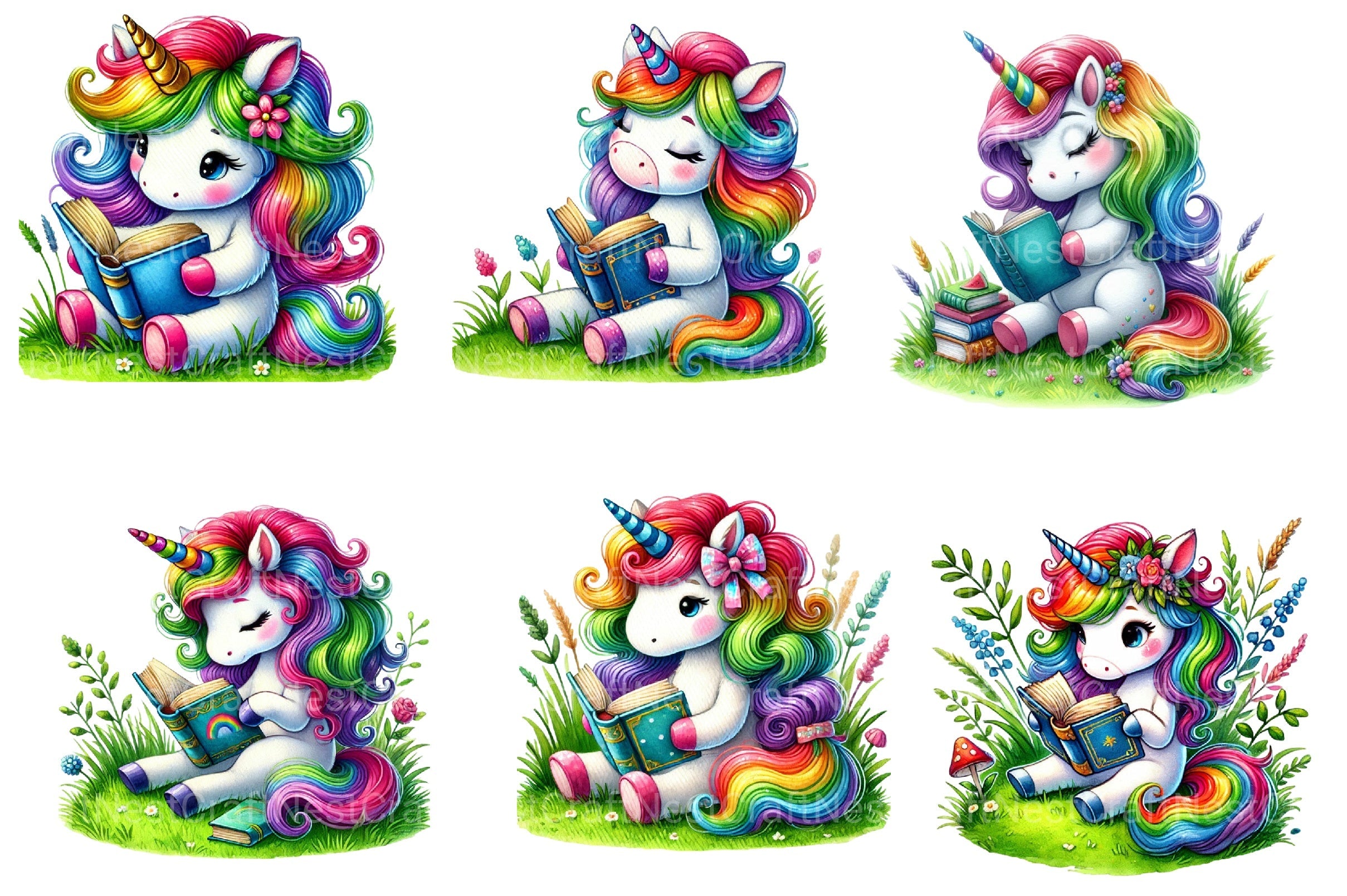 Unicorn Reading A Book Clipart Bundle