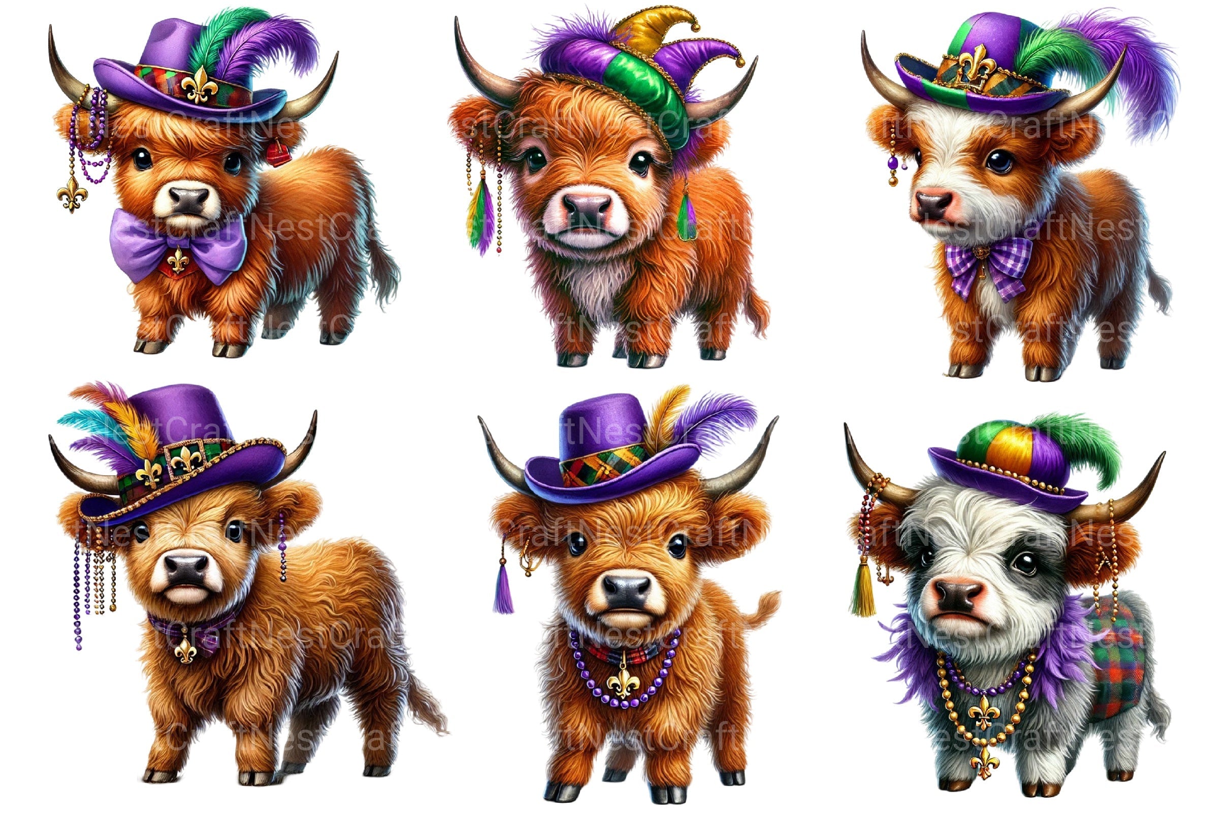 Mardi Gras Highland Cow Clipart Bundle 2