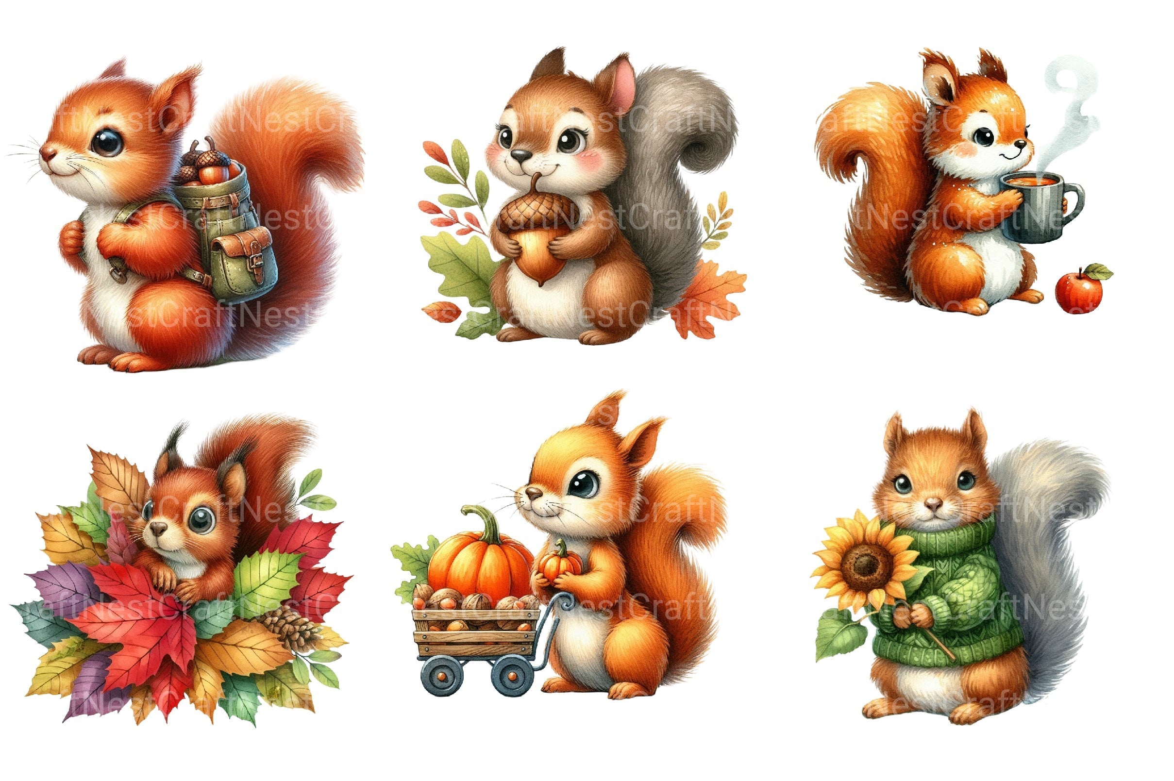 Autumn Squirrels Clipart Bundle