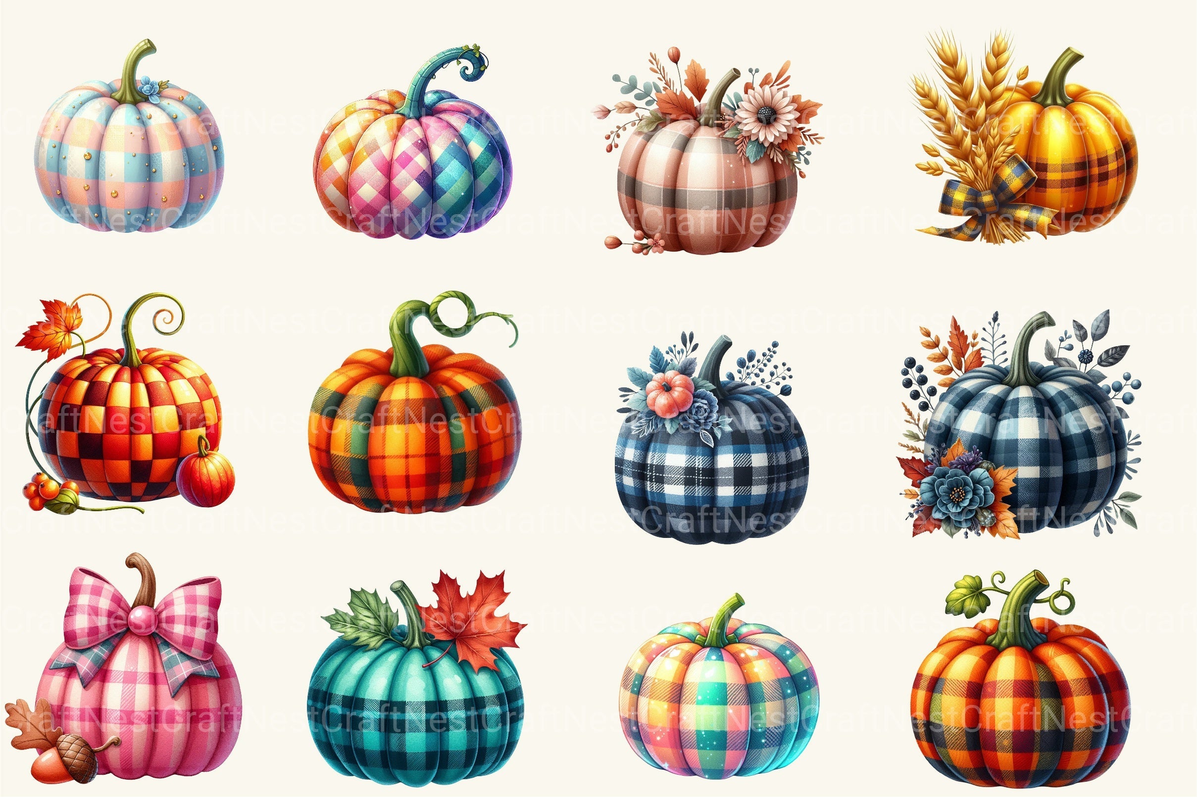 Autumn Plaid Pumpkin Clipart Bundle