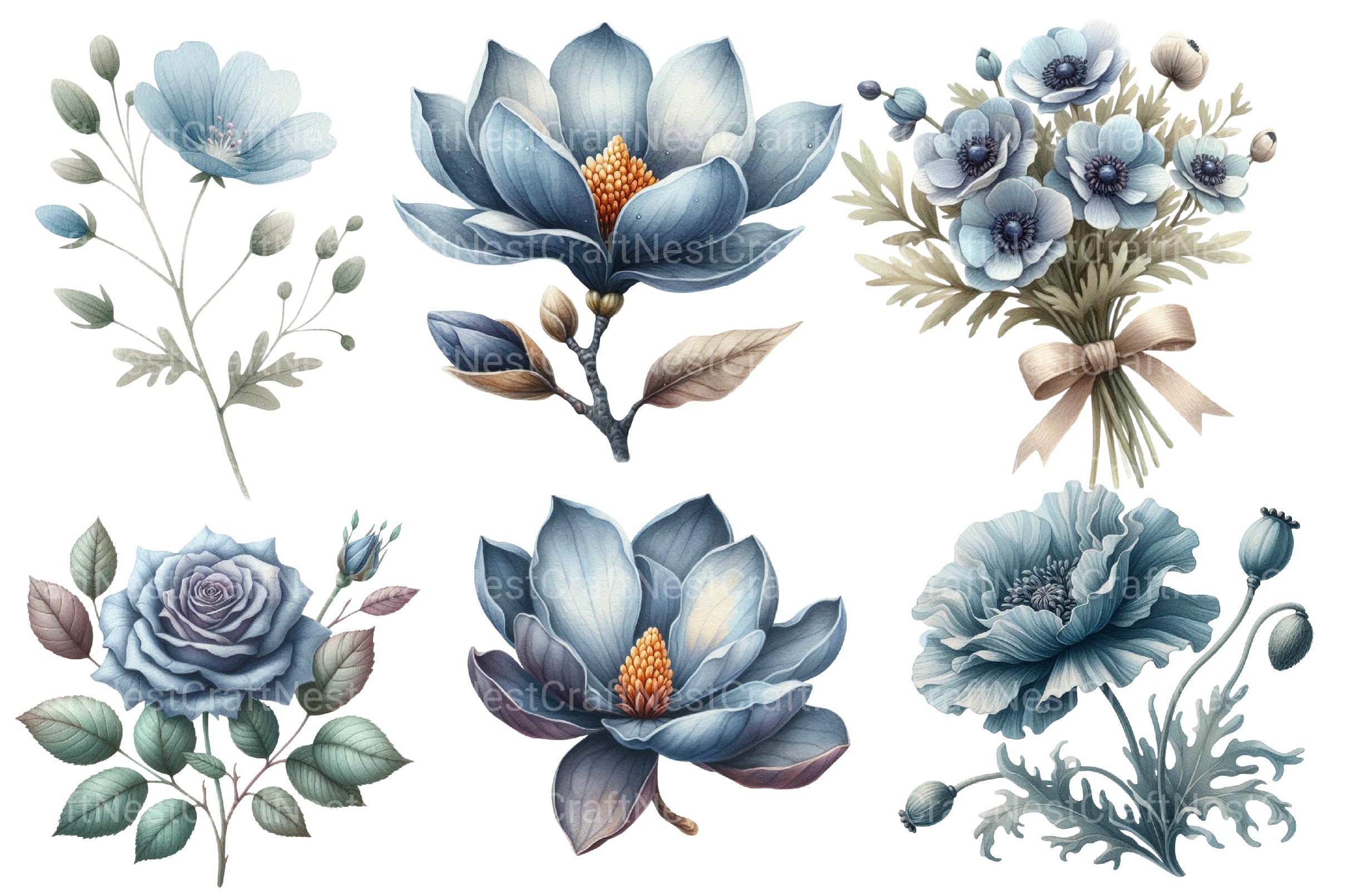 Dusty Blue Flower Clipart Bundle
