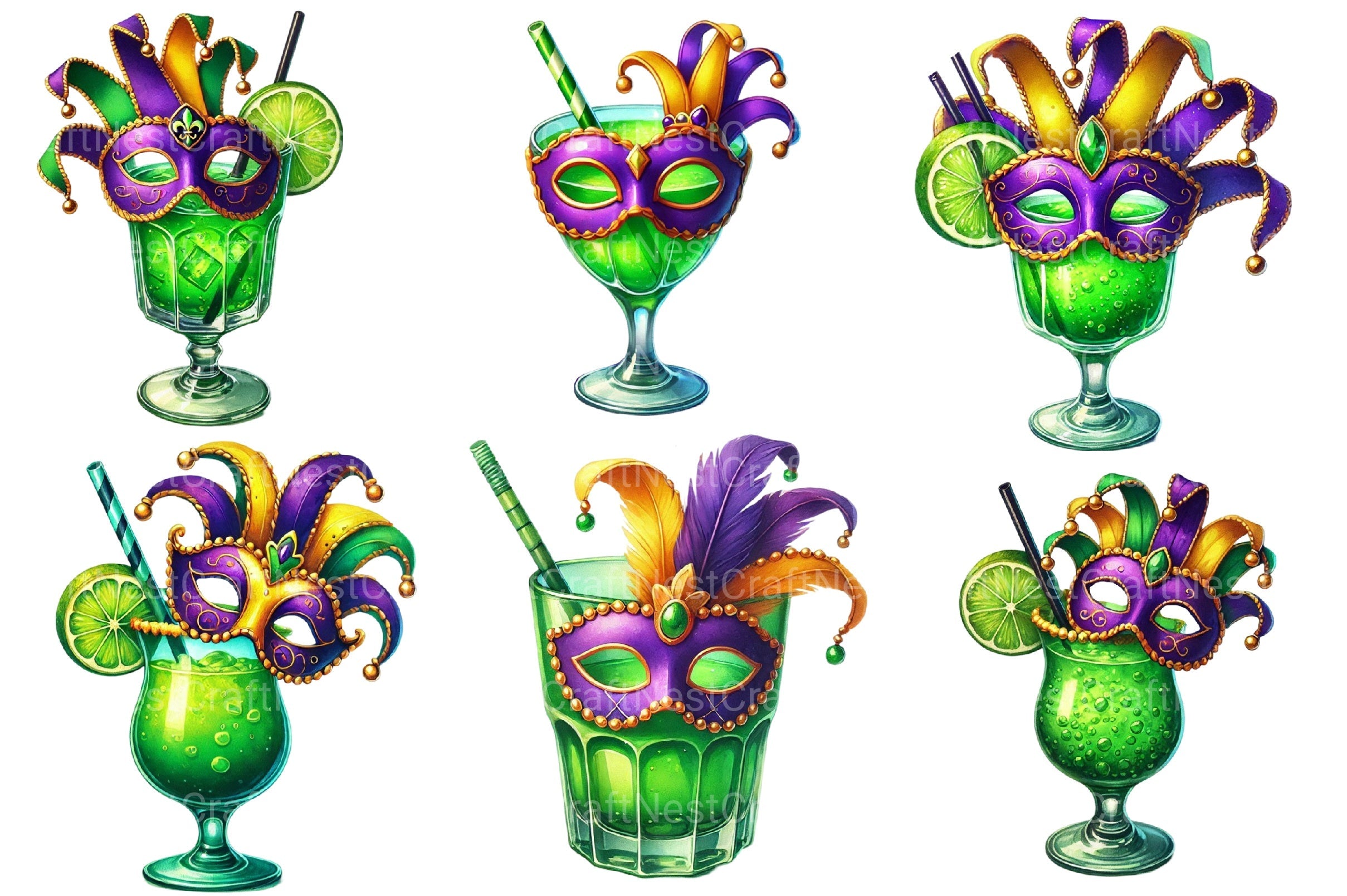 Mardi Gras Cocktail Glass Clipart Bundle