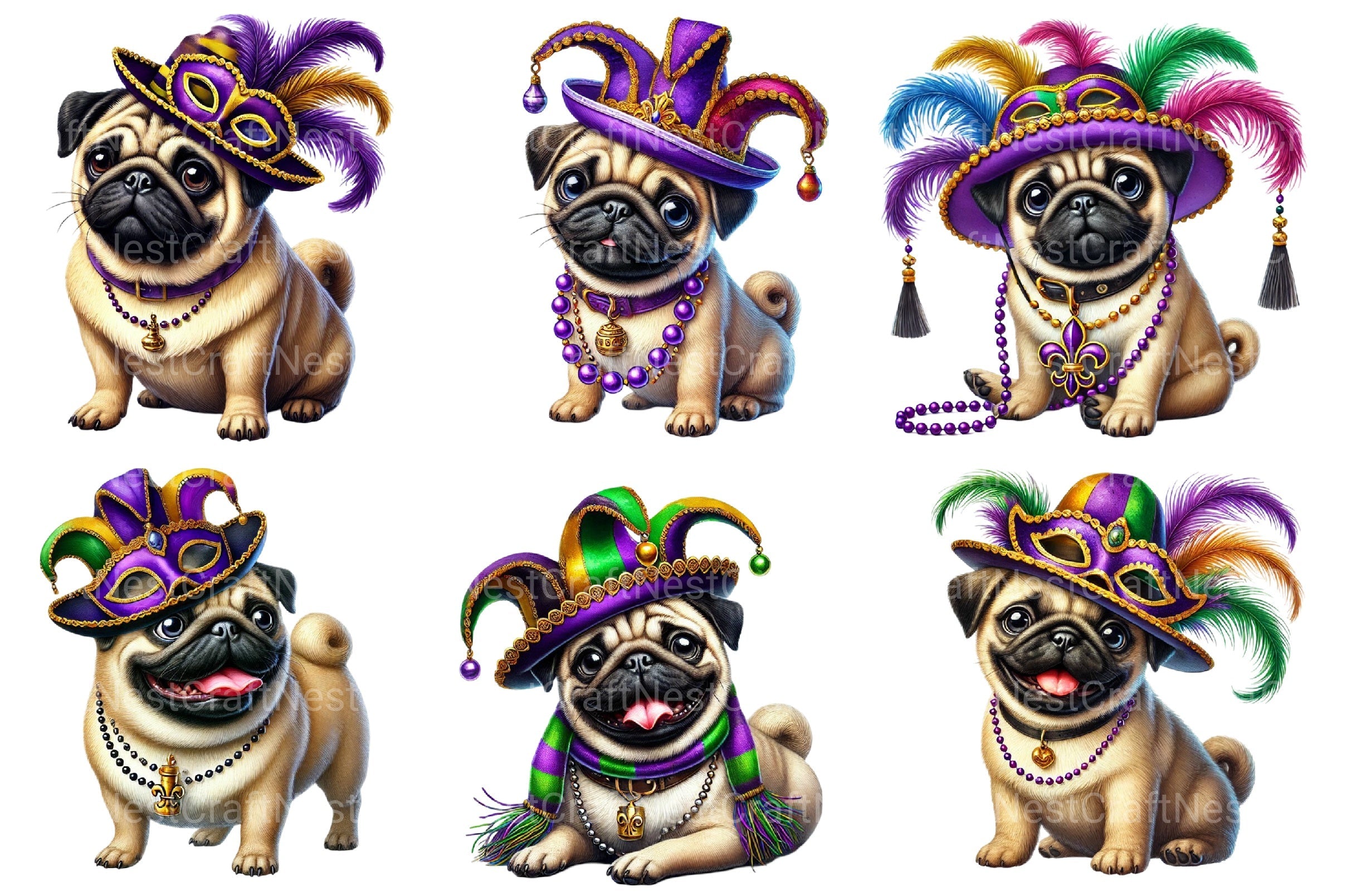 Mardi Gras Pug Dog Clipart Bundle