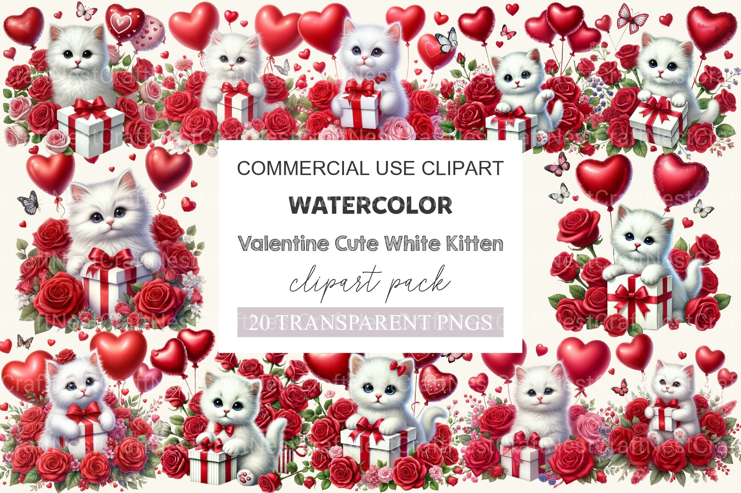 Valentine Cute White Kitten Clipart Bundle