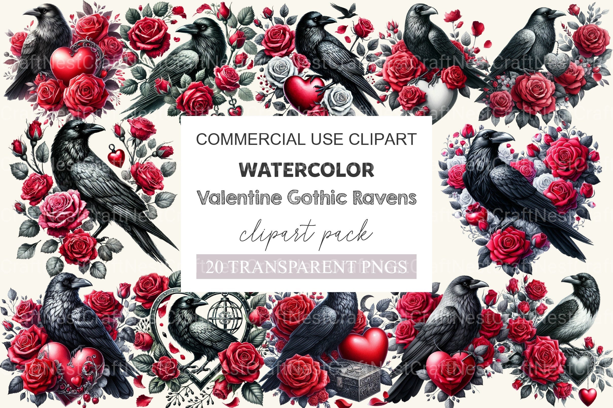 Valentine Gothic Ravens Clipart Bundle 2