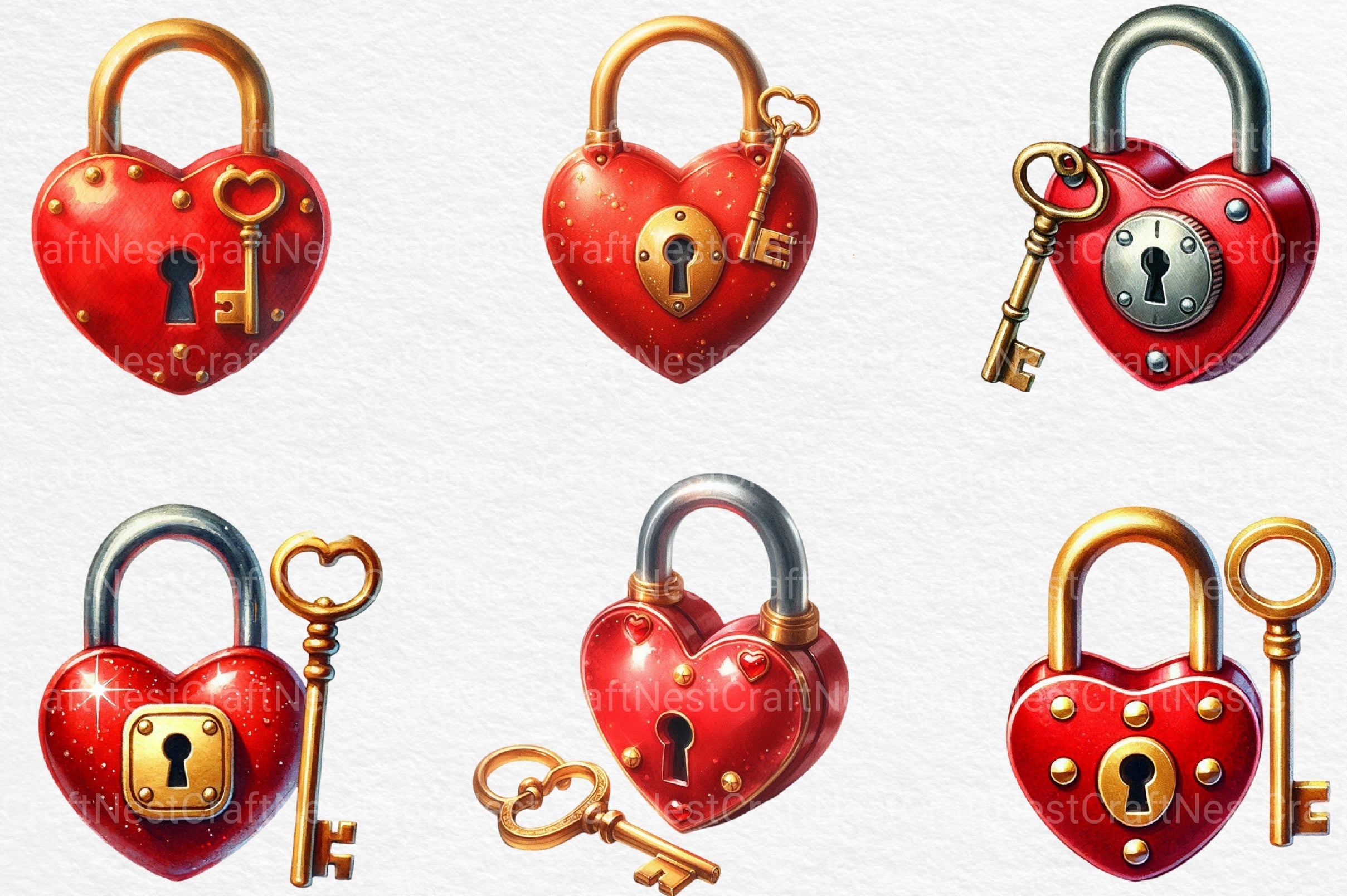 Valentine Red Heart Shaped Lock Clipart Bundle