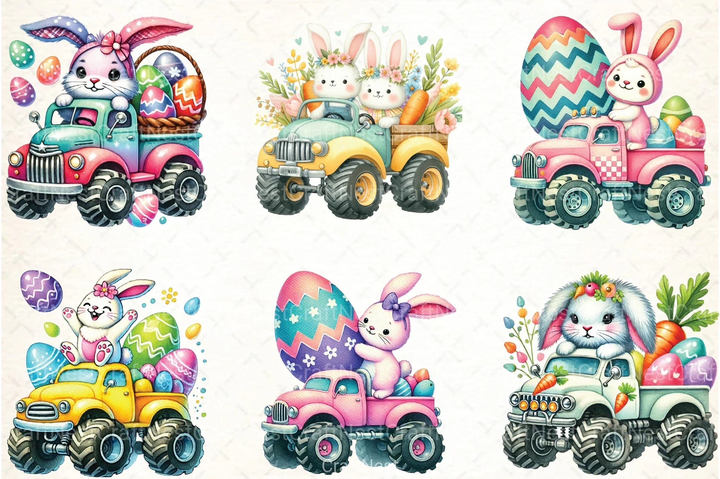 Cute Easter Bunny Monster Truck Clipart Bundle - CraftNest - Digital Crafting and Art