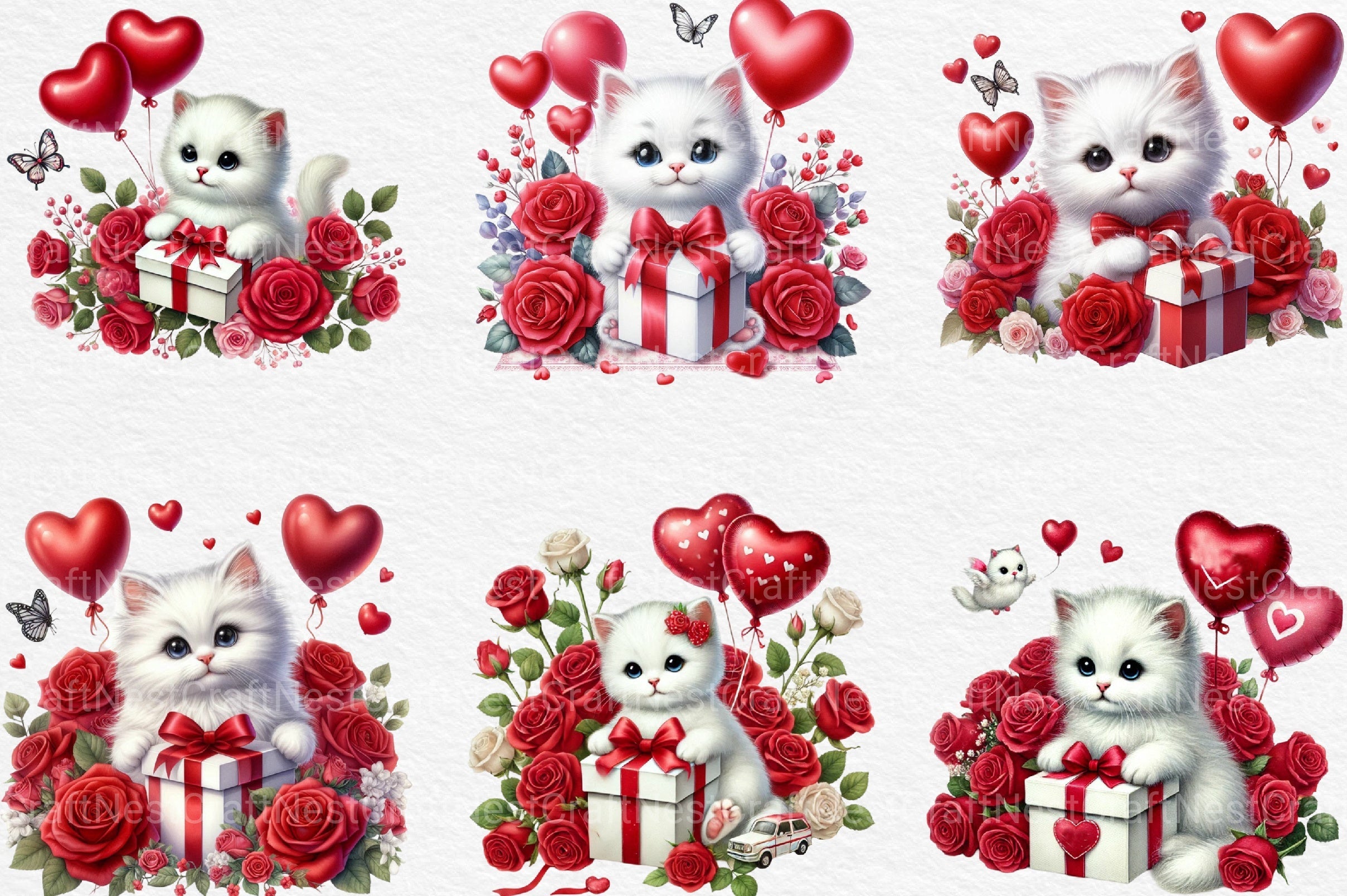 Valentine Cute White Kitten Clipart Bundle