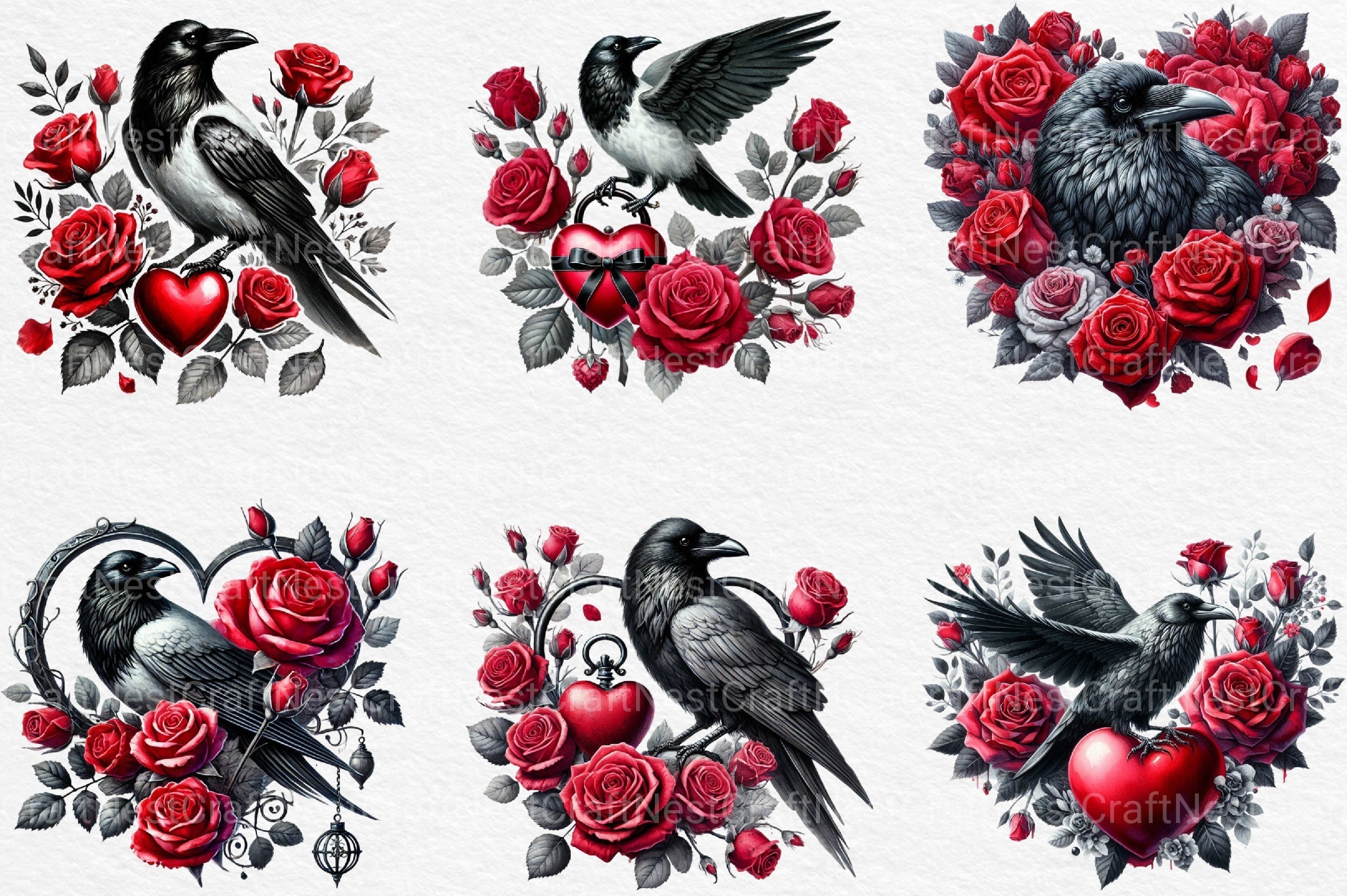 Valentine Gothic Ravens Clipart Bundle 2