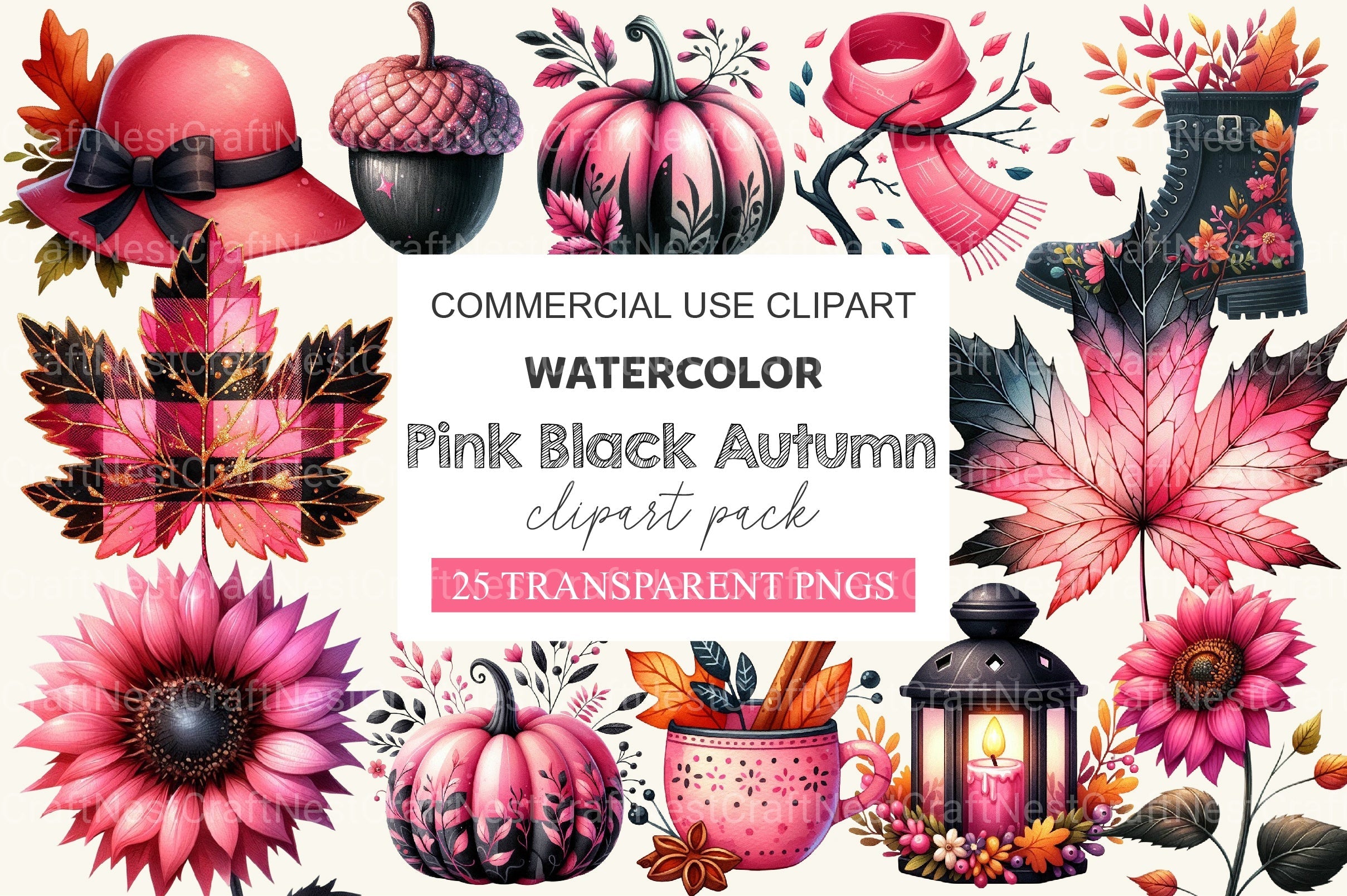 Pink Black Autumn Clipart Bundle