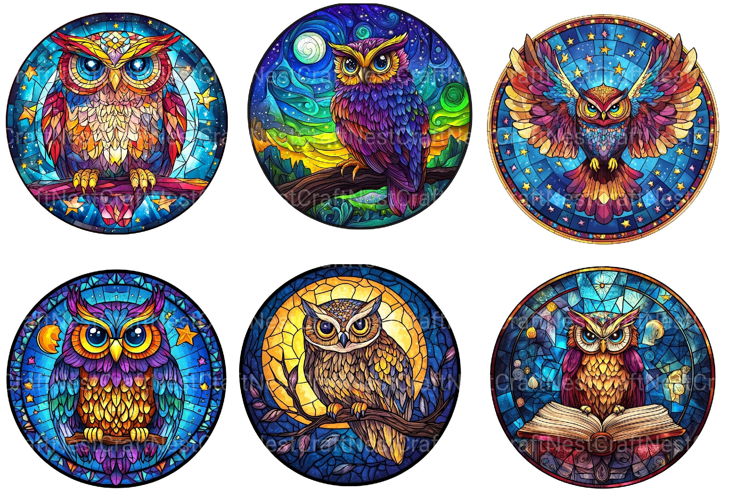 Owl Round Stained Glass Clipart Bundle