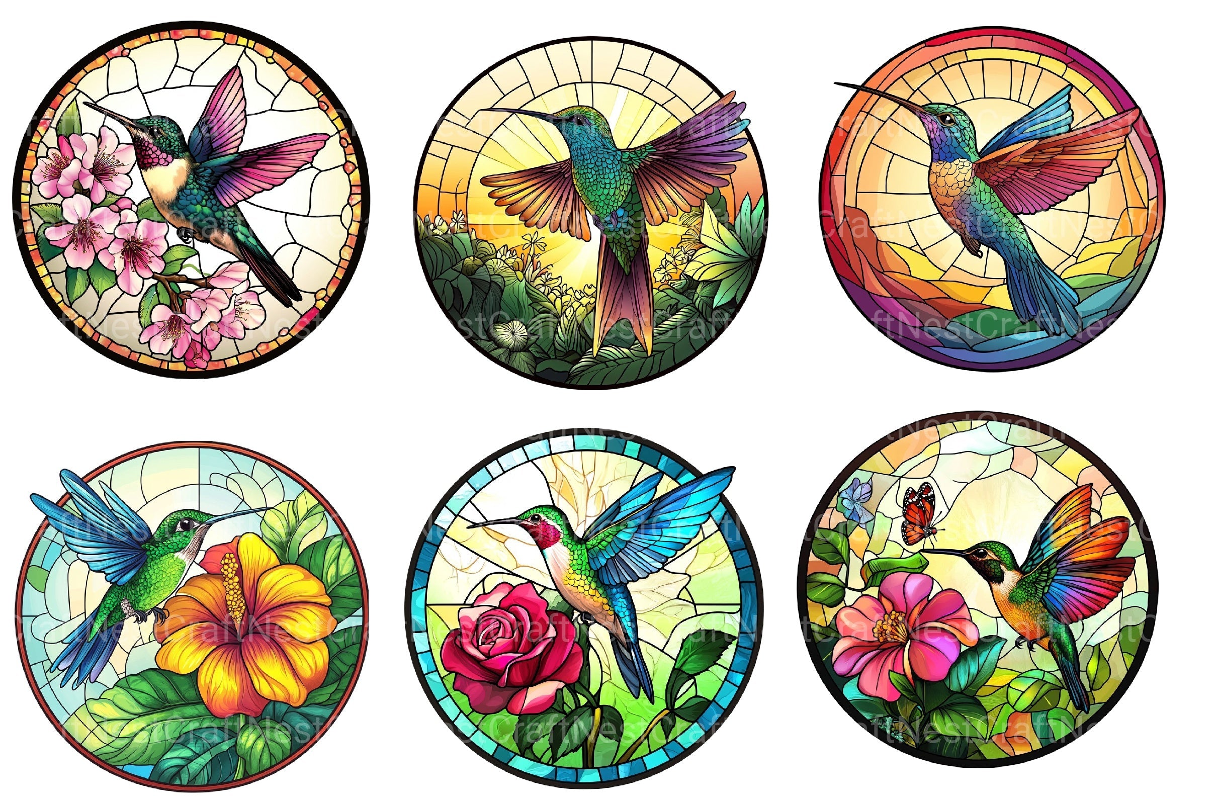 Hummingbird Round Stained Glass Clipart Bundle