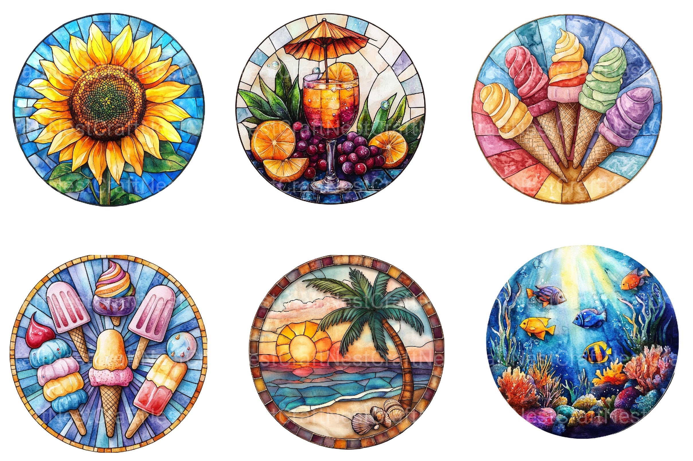 Round Stained Glass Summer Clipart Bundle 3
