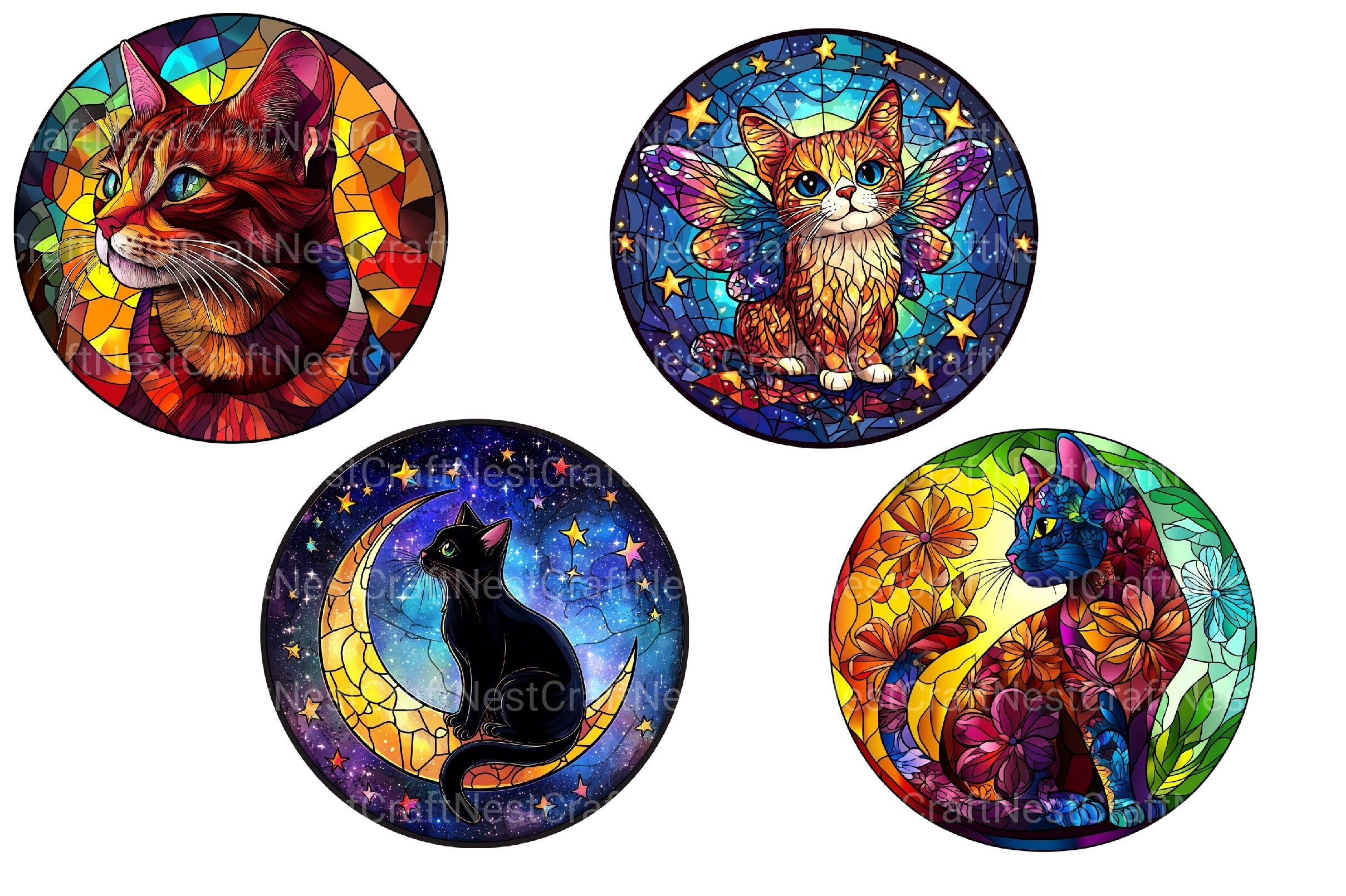 Cat Round Stained Glass Clipart Bundle