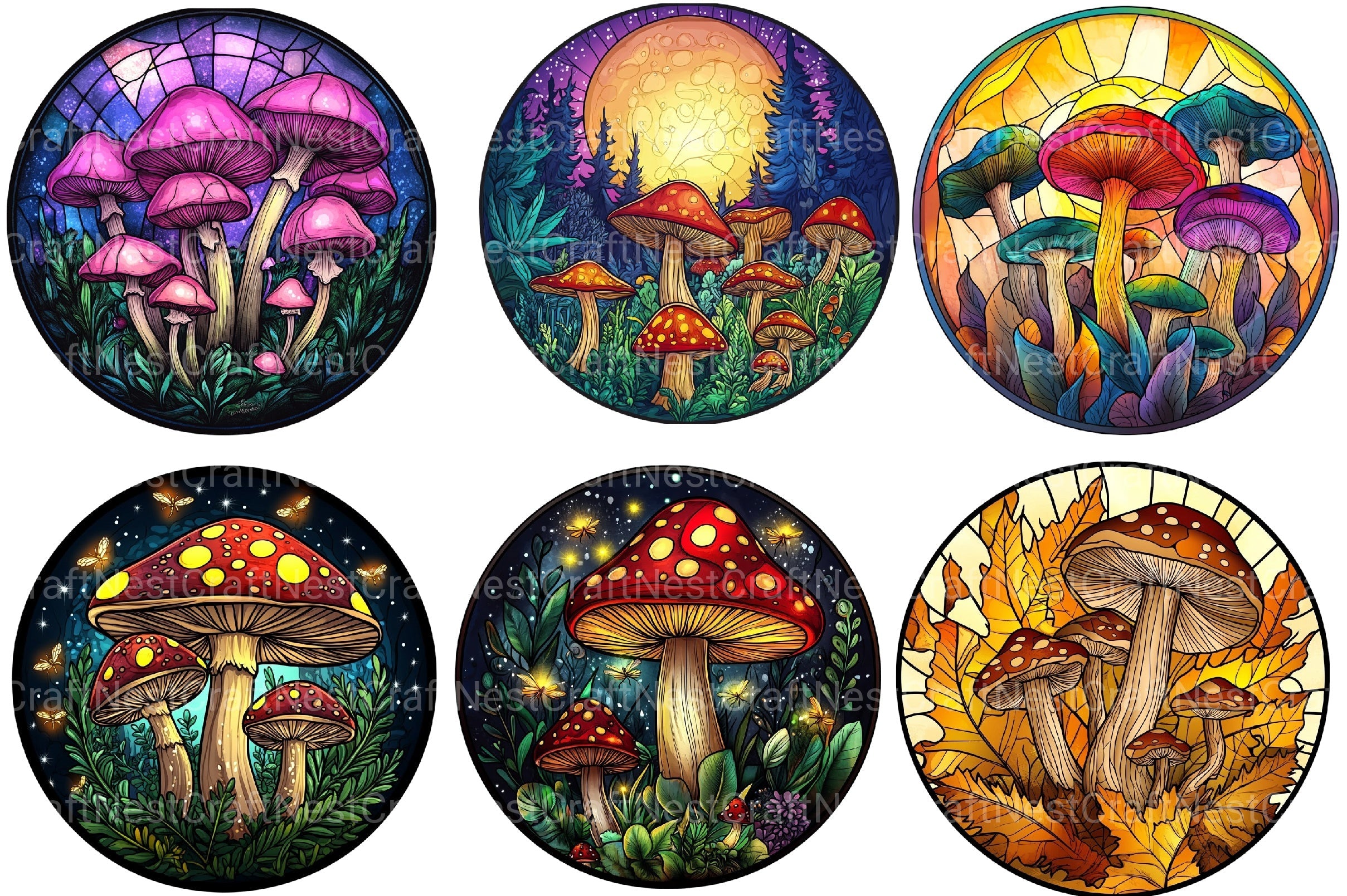 Mushroom Round Stained Glass Clipart Bundle
