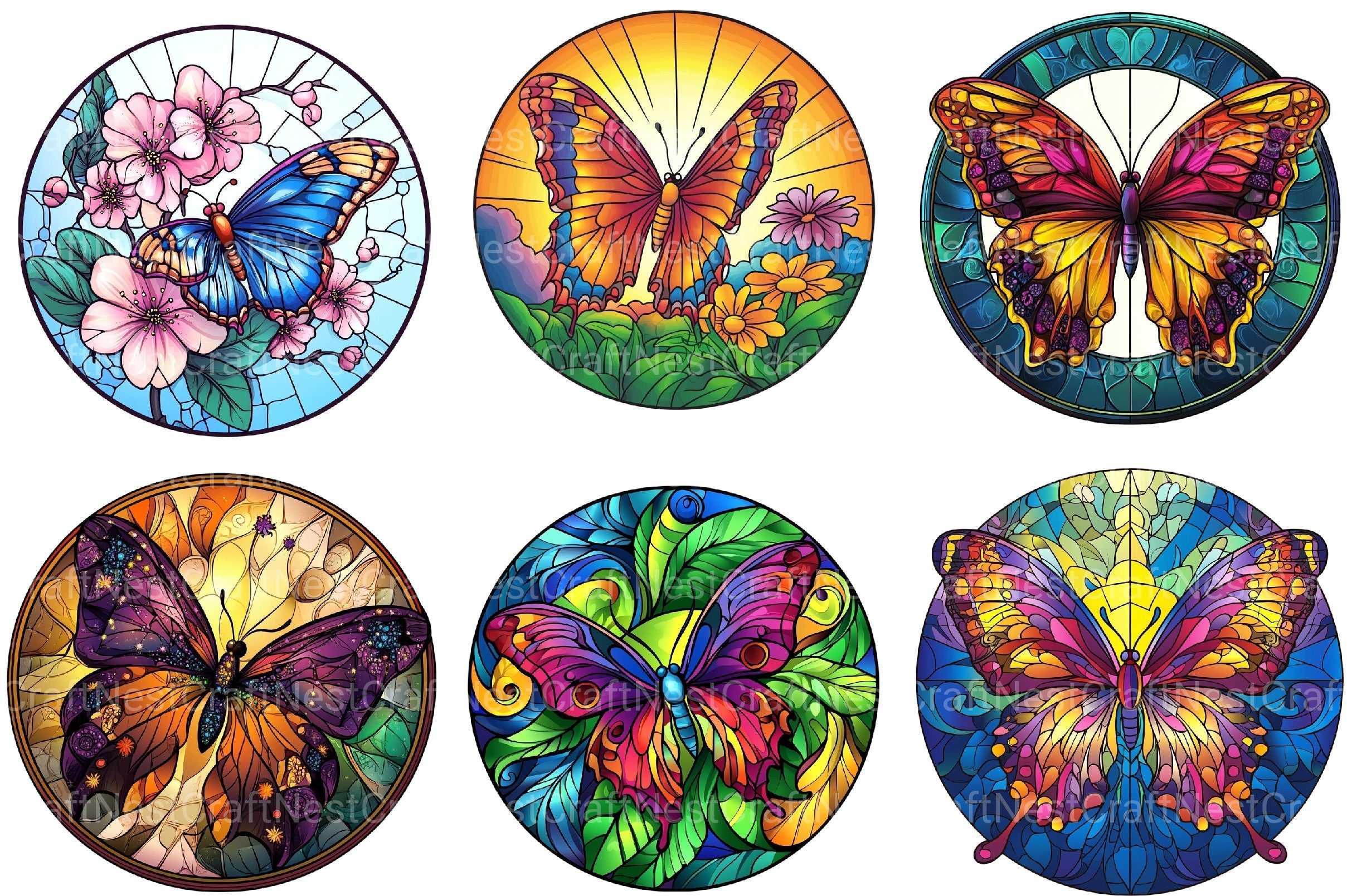 Butterfly Round Stained Glass Clipart Bundle
