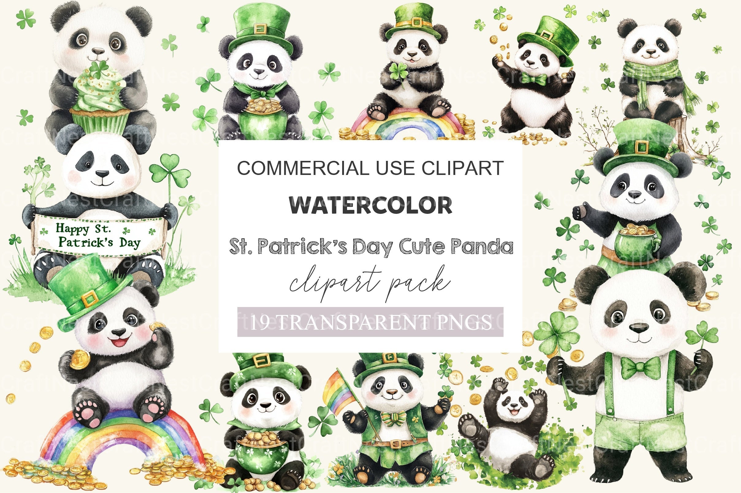 St Patrick's Day Cute Panda Clipart Bundle 2