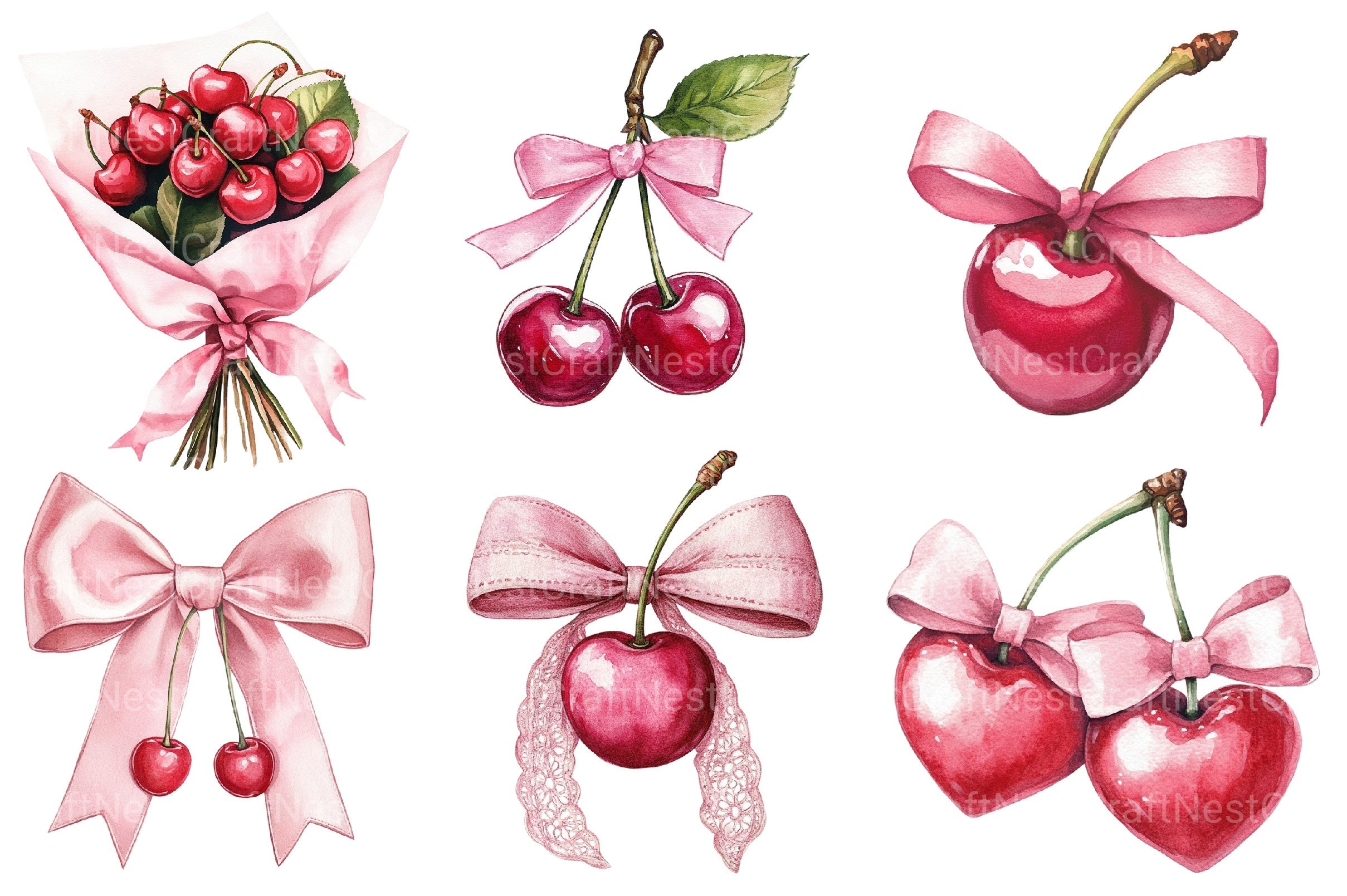 Coquette Cherries Bow Clipart Bundle 2
