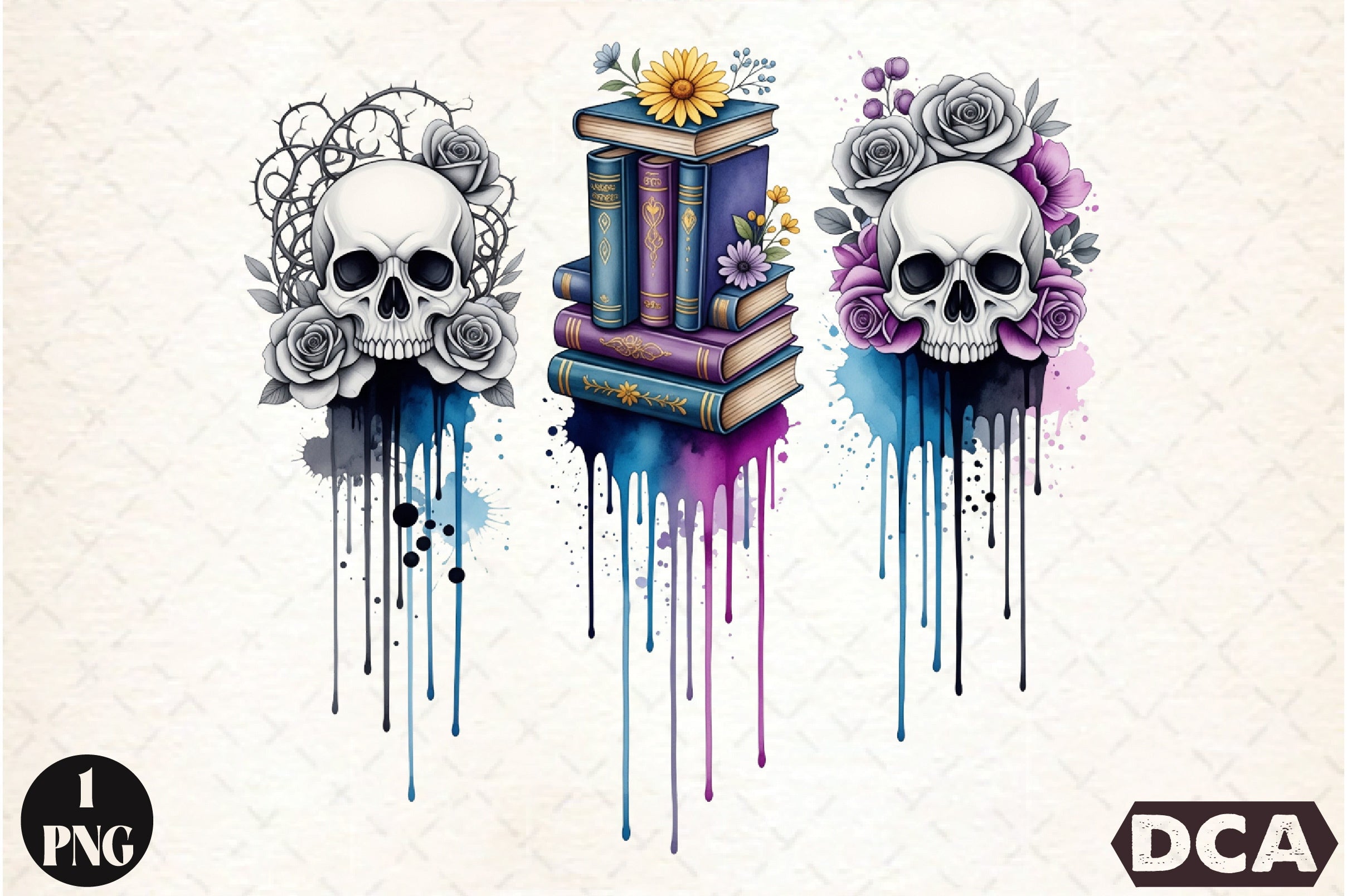 Floral Skulls & Books Clipart Bundle