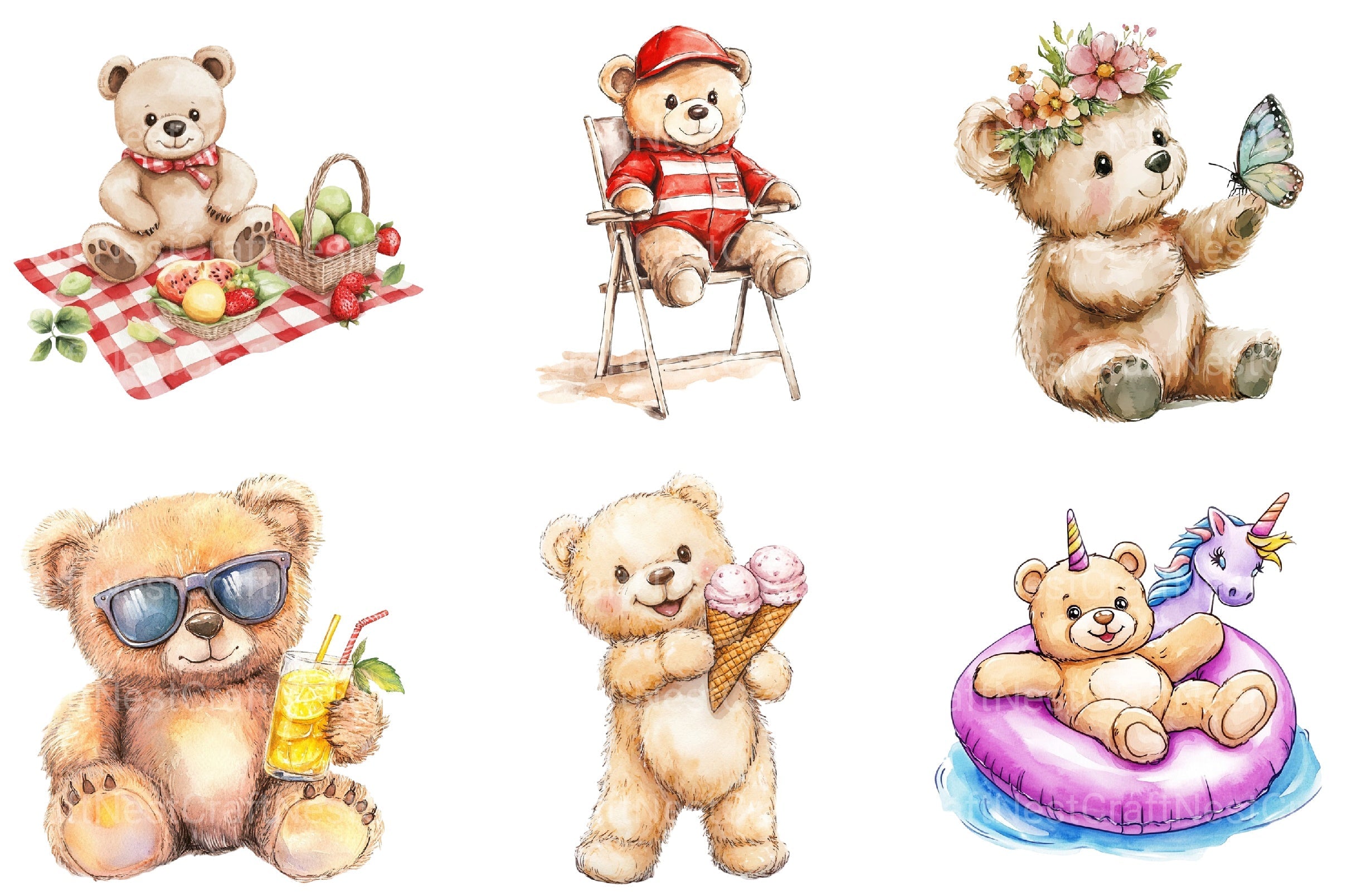 Summer Teddy Bear Clipart Bundle