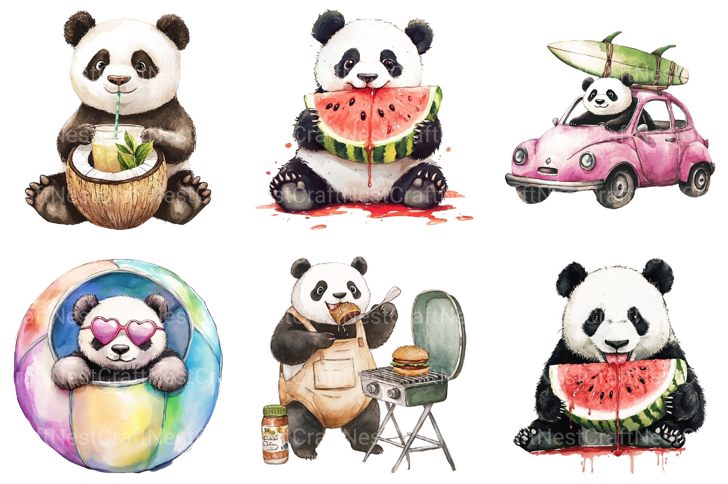 Summer Panda Clipart Bundle