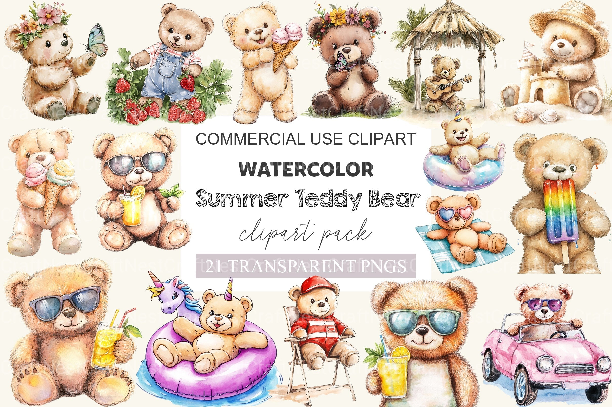 Summer Teddy Bear Clipart Bundle