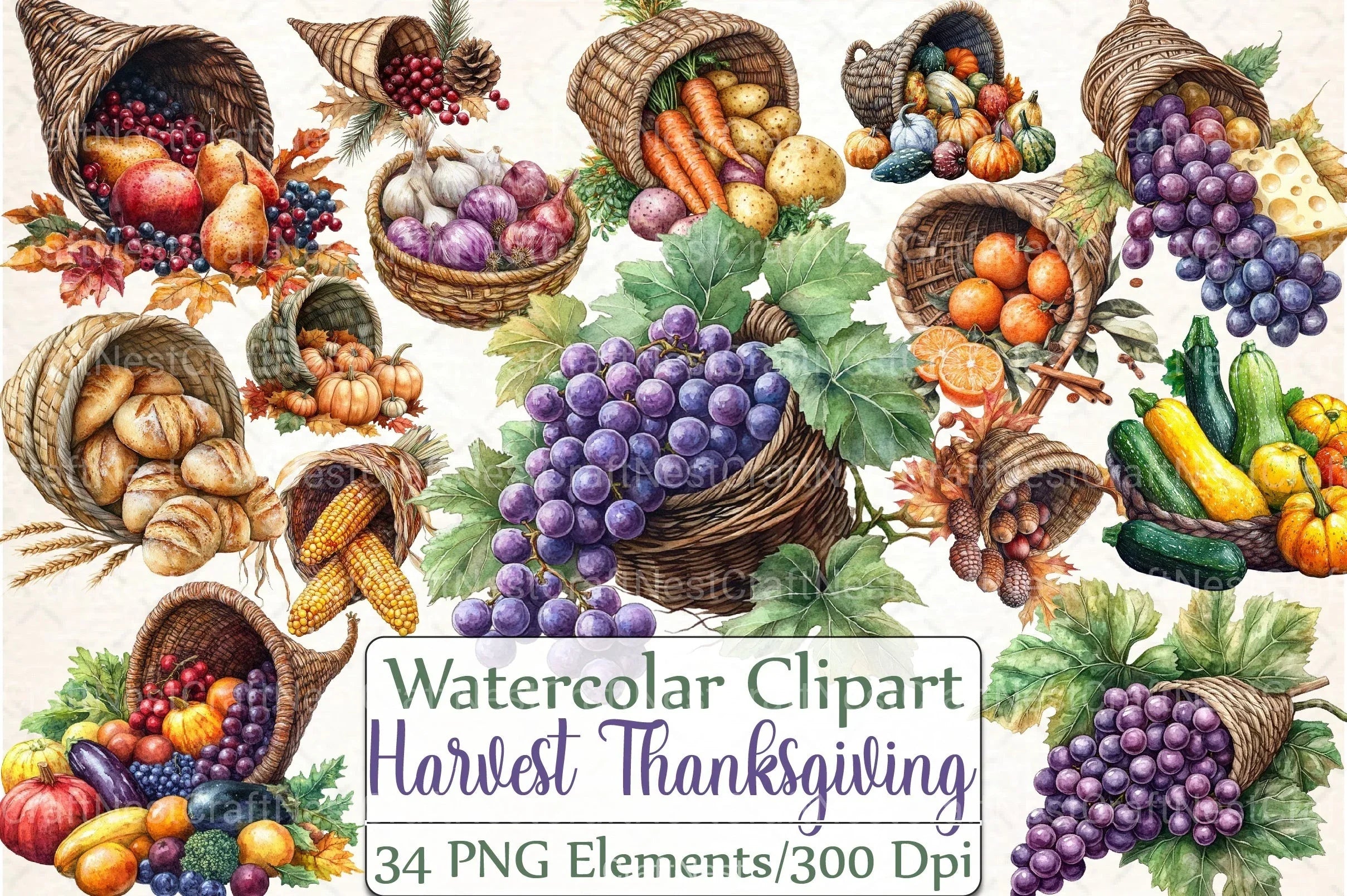 Cornucopia Harvest Thanksgiving Clipart Bundle - CraftNest - Digital Crafting and Art