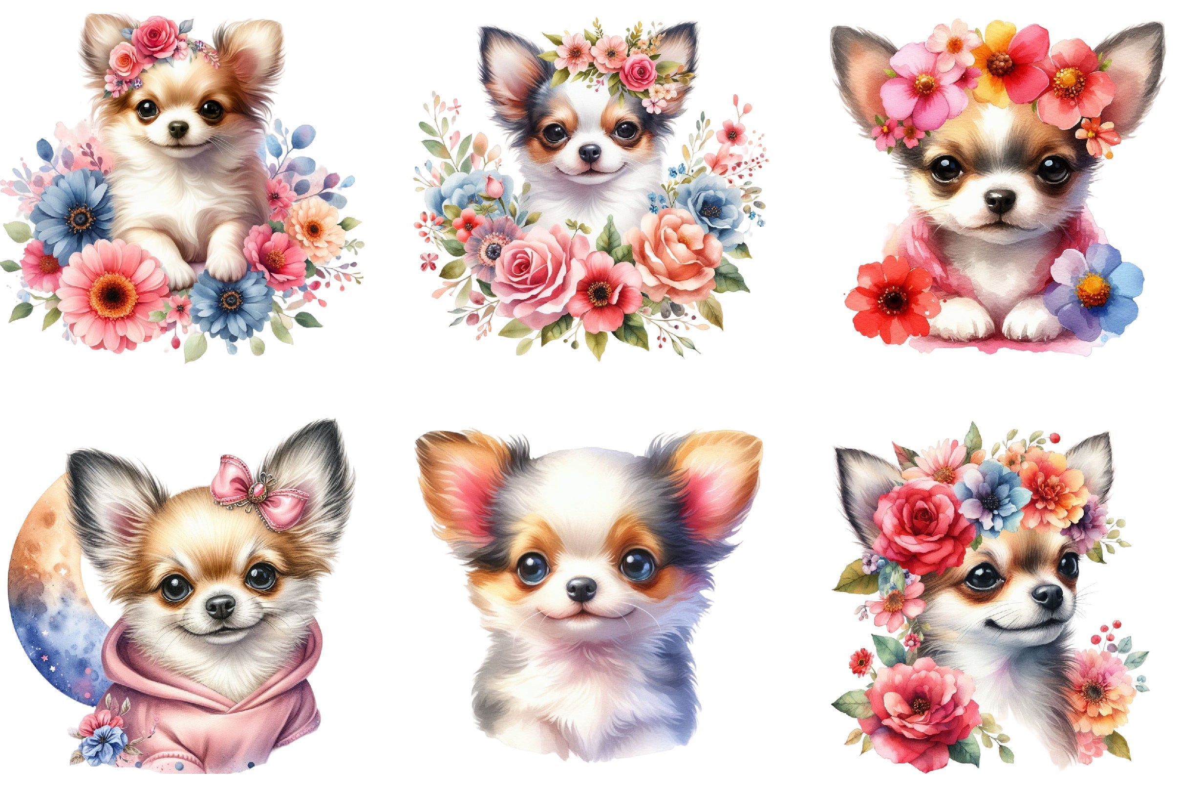 Floral Chihuahua Clipart Bundle