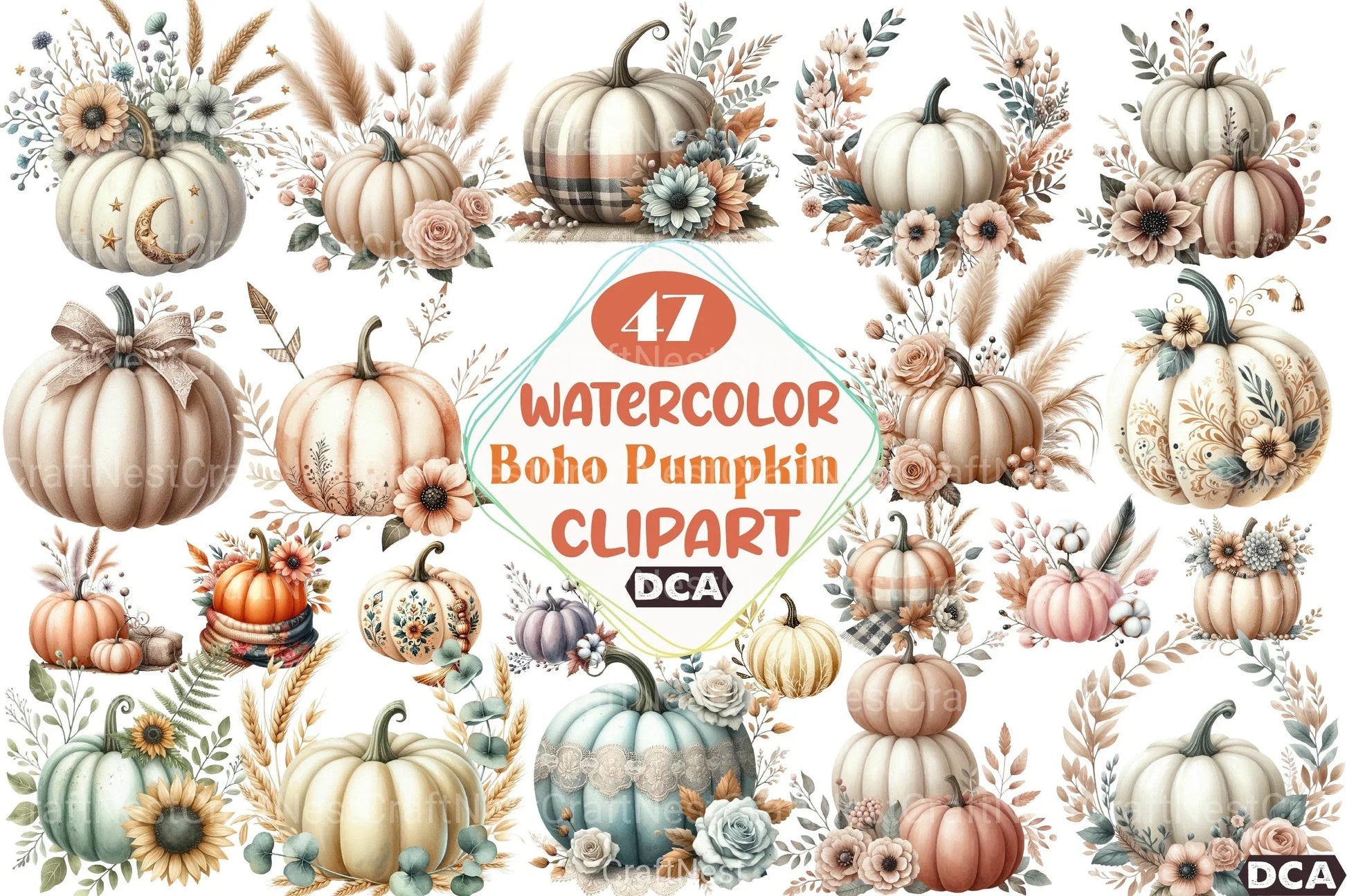 Boho Floral Pumpkin Clipart Collection Bundle - CraftNest - Digital Crafting and Art