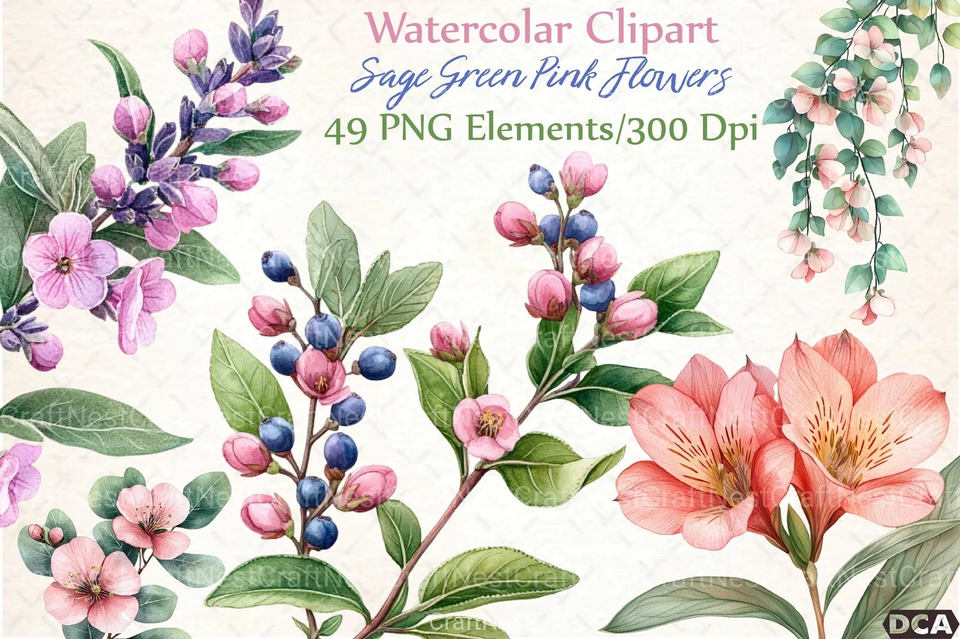 Sage Green Pink Flowers Clipart Bundle - CraftNest - Digital Crafting and Art