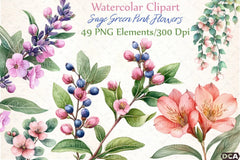 Sage Green Pink Flowers Clipart Bundle - CraftNest - Digital Crafting and Art