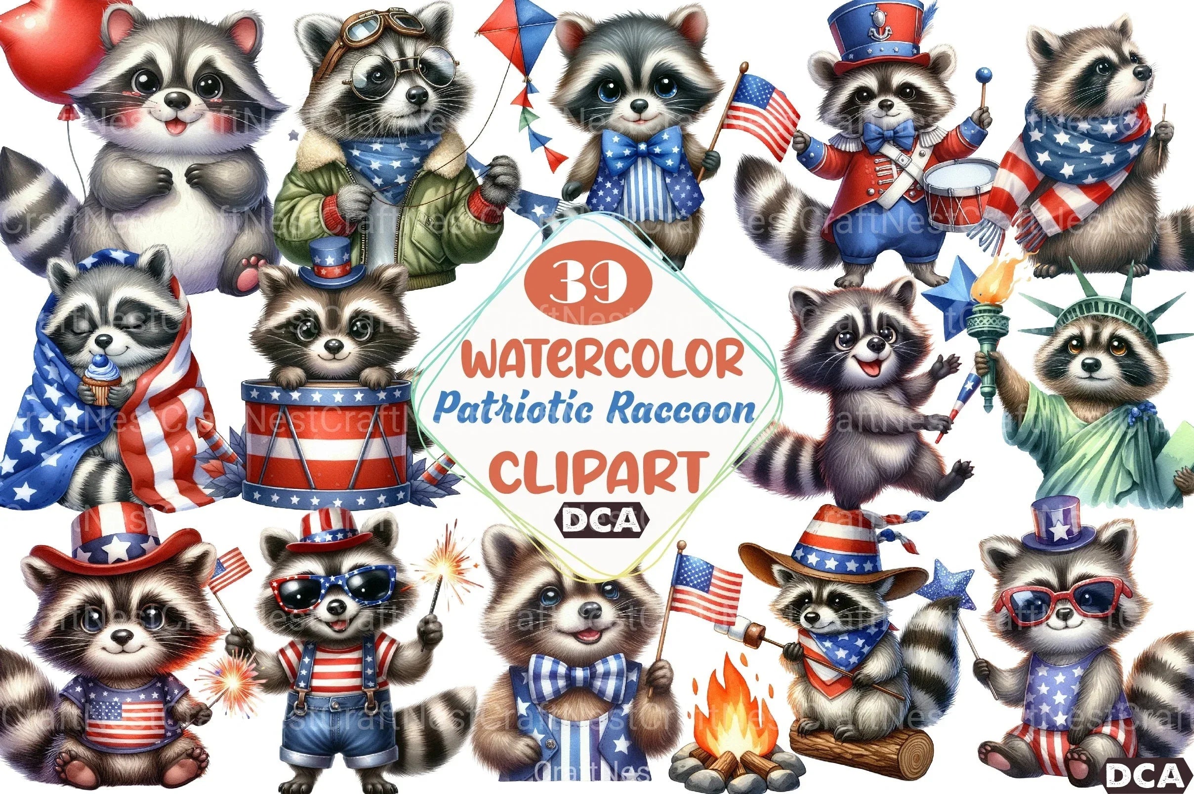 Cartoon Patriotic Raccoon Clipart Bundle - CraftNest - Digital Crafting and Art