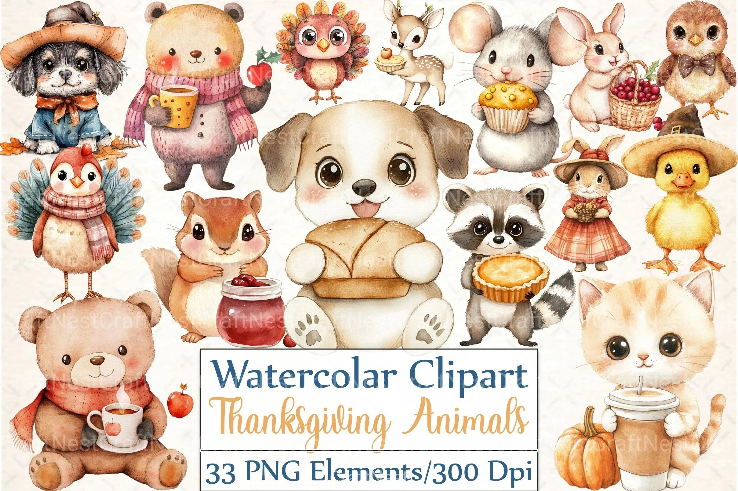 Cute Kawaii Thanksgiving Animals Clipart Bundle - CraftNest - Digital Crafting and Art