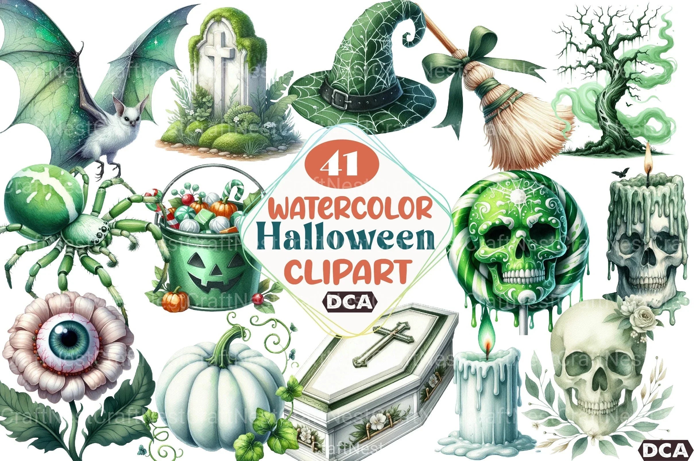 Green & White Halloween Clipart Bundle 99 - CraftNest - Digital Crafting and Art