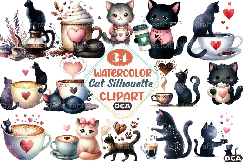 Cat Silhouette Coffee Clipart Bundle 33 - CraftNest - Digital Crafting and Art
