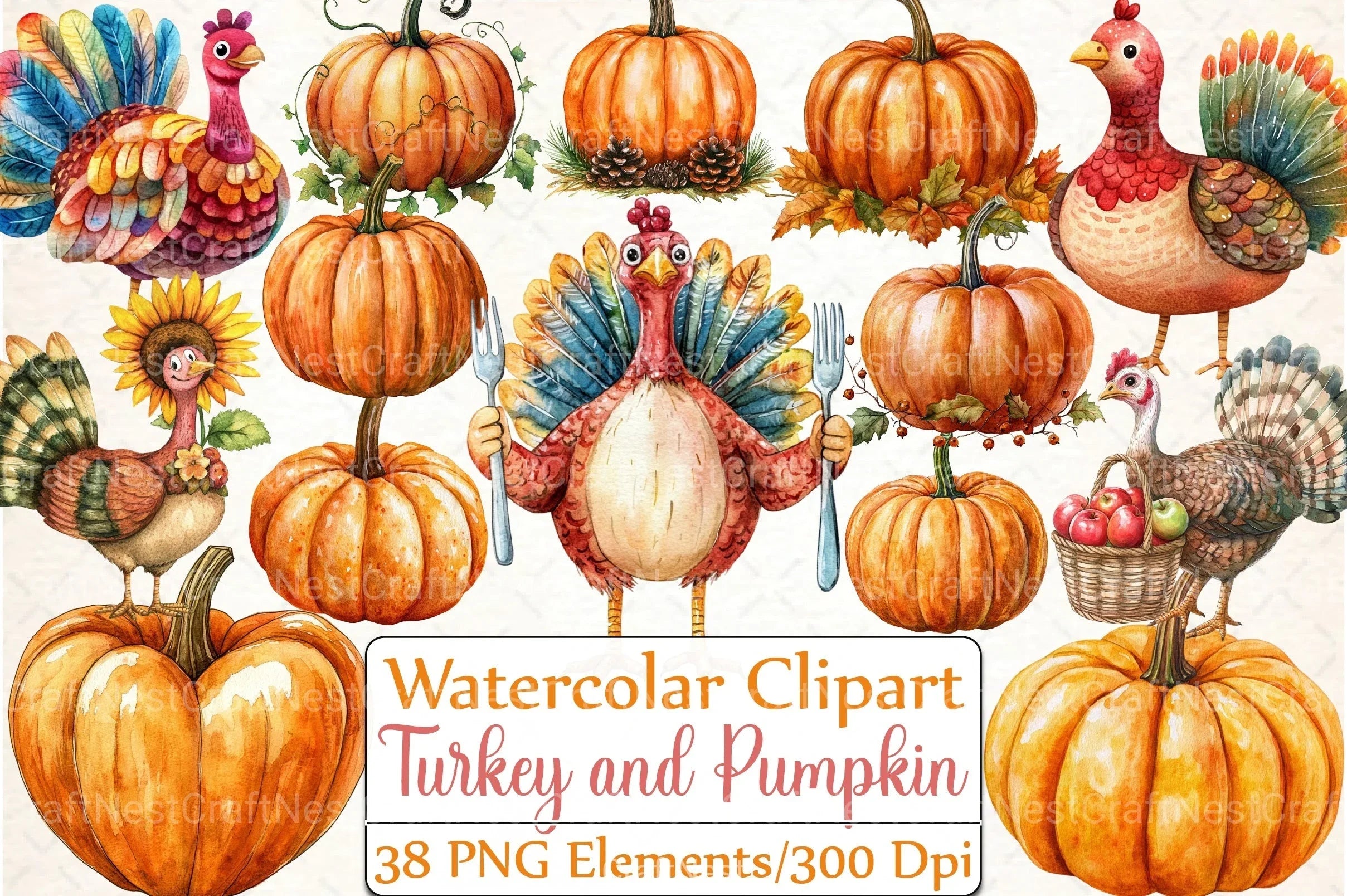 Thanksgiving Turkey and Pumpkin Clipart Bundle - CraftNest - Digital Crafting and Art