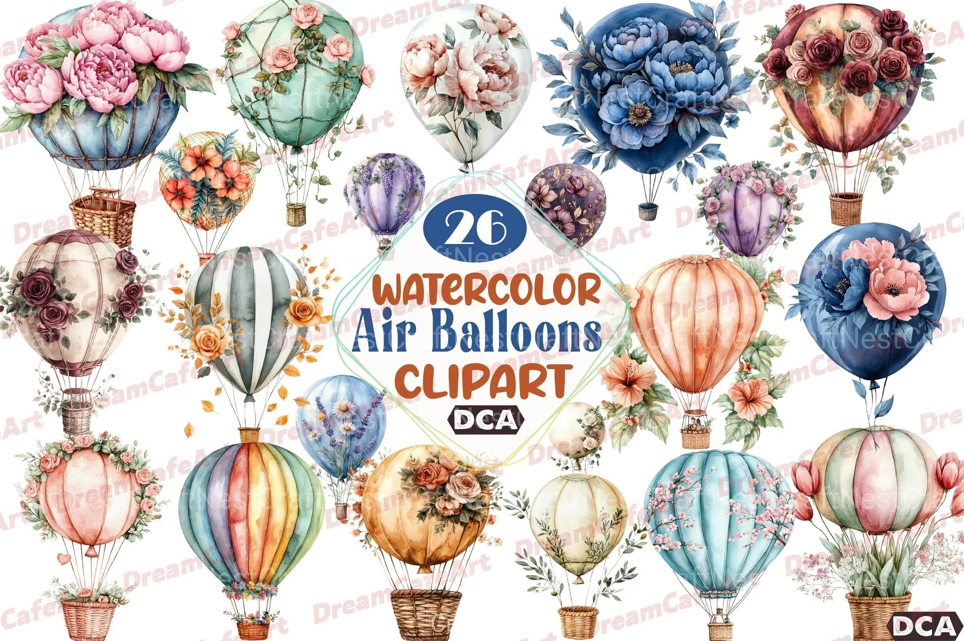 Floral Hot Air Balloons Clipart Bundle - CraftNest - Digital Crafting and Art