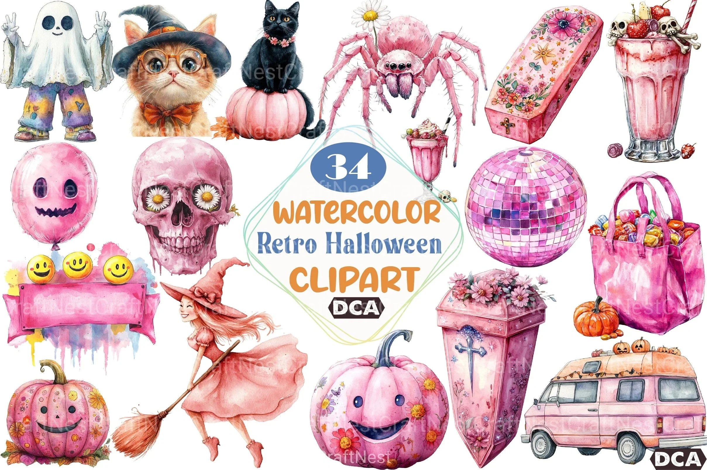 Pink Retro Halloween Clipart Bundle - CraftNest - Digital Crafting and Art