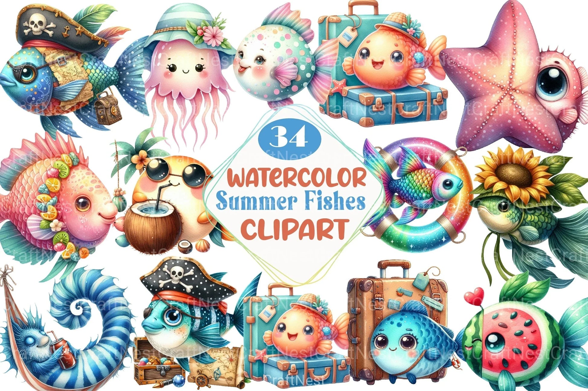 Whimsical Summer Fishes Clipart Bundle - CraftNest - Digital Crafting and Art