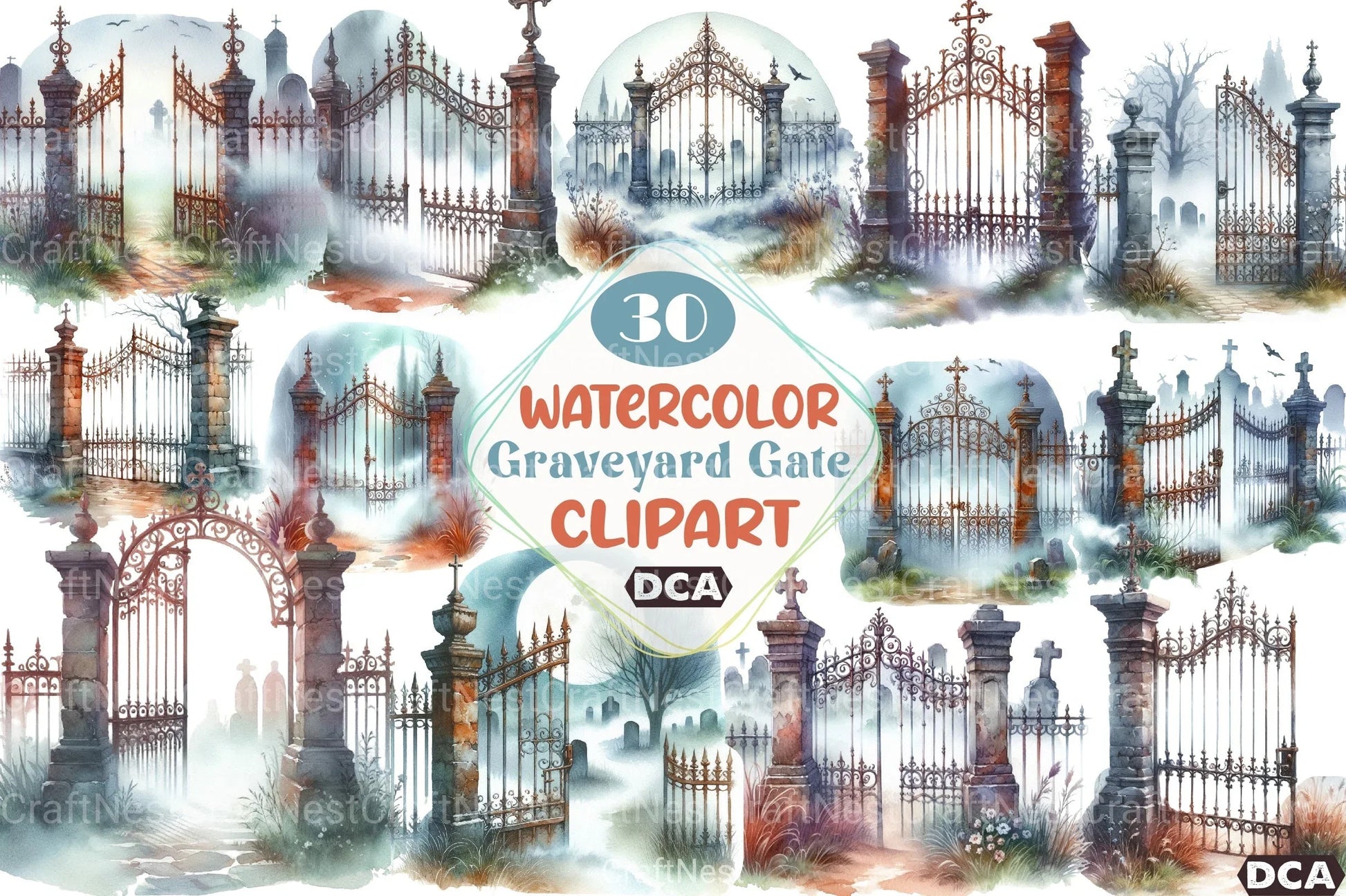 Watercolor Graveyard Gate Clipart Bundle - CraftNest - Digital Crafting and Art