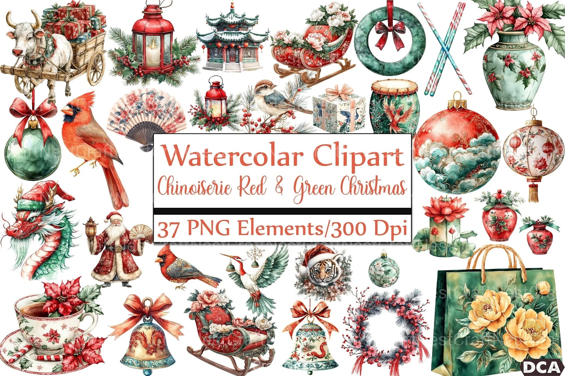 Chinoiserie Red & Green Christmas Clipart Bundle - CraftNest - Digital Crafting and Art