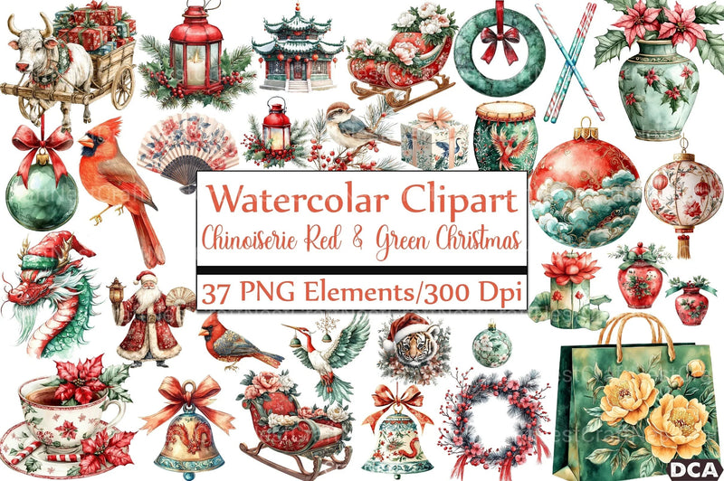 Chinoiserie Red & Green Christmas Clipart Bundle - CraftNest - Digital Crafting and Art