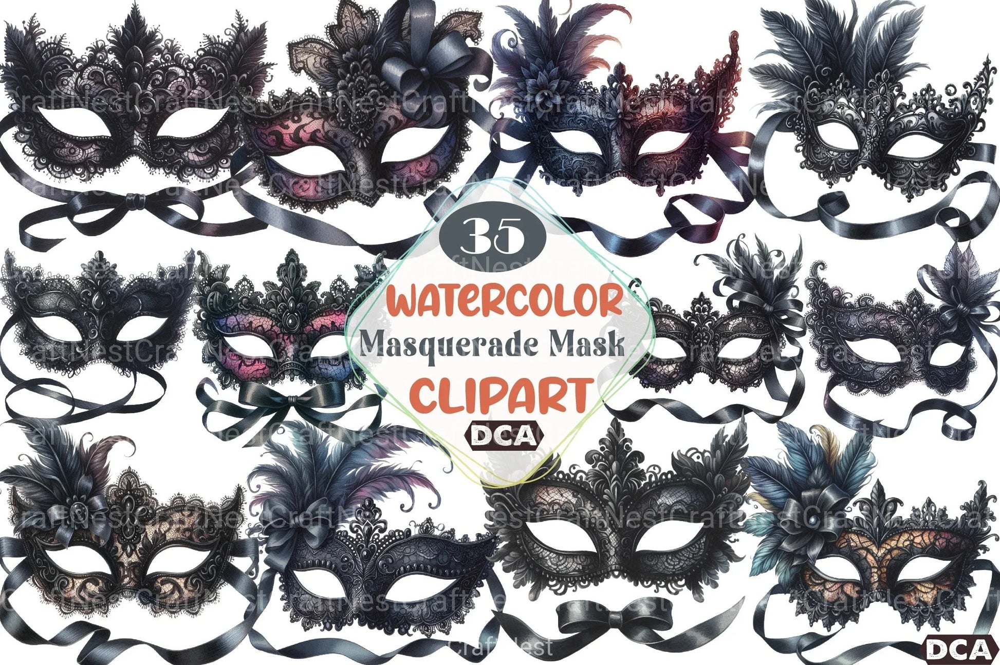 Black Lace Masquerade Mask Clipart Bundle - CraftNest - Digital Crafting and Art