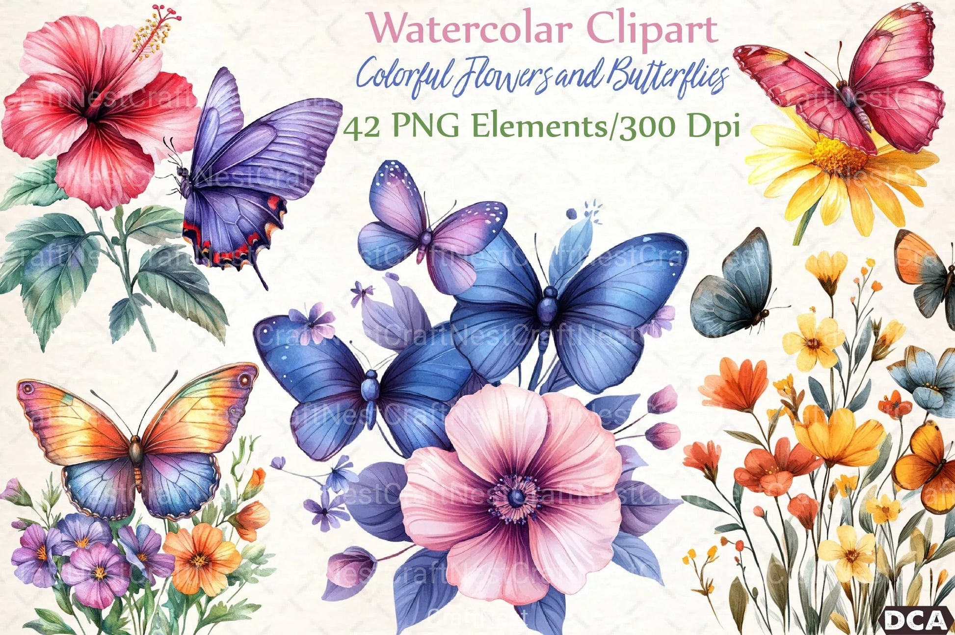 Colorful Flowers and Butterflies Clipart Bundle - CraftNest - Digital Crafting and Art
