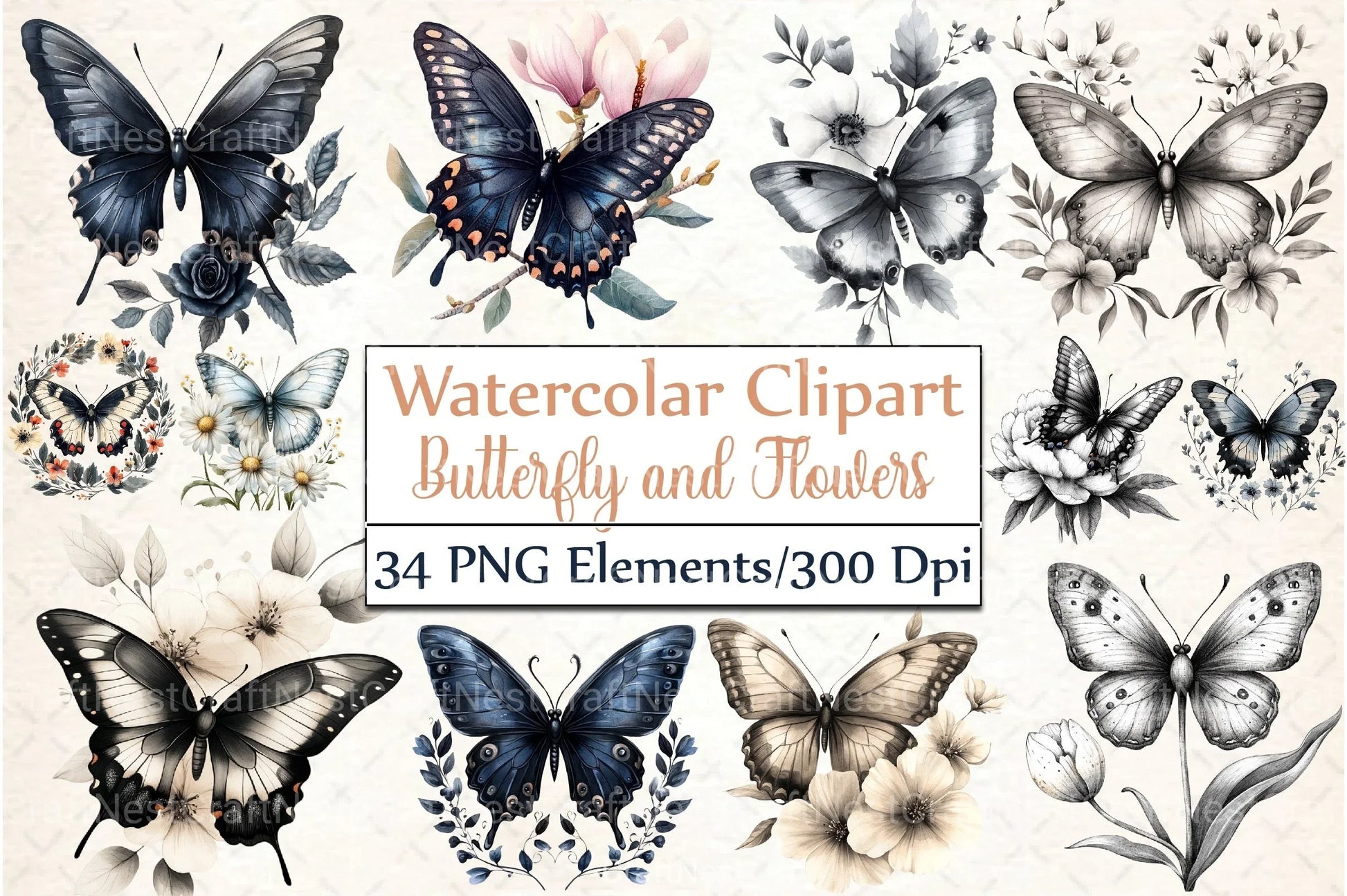Black and White Butterfly Flowers Clipart Bundle - CraftNest - Digital Crafting and Art