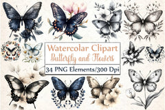 Black and White Butterfly Flowers Clipart Bundle - CraftNest - Digital Crafting and Art