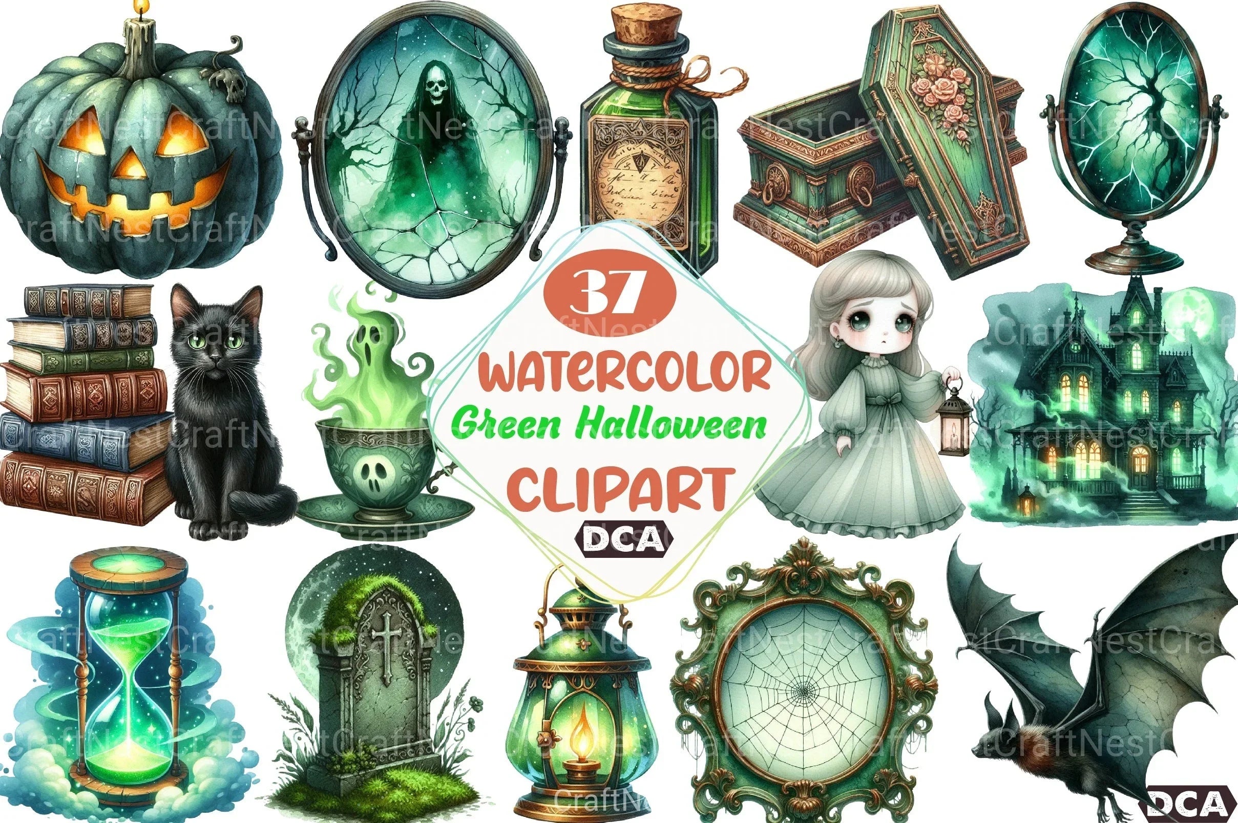 Antique Green Halloween Clipart Bundle 3 - CraftNest - Digital Crafting and Art